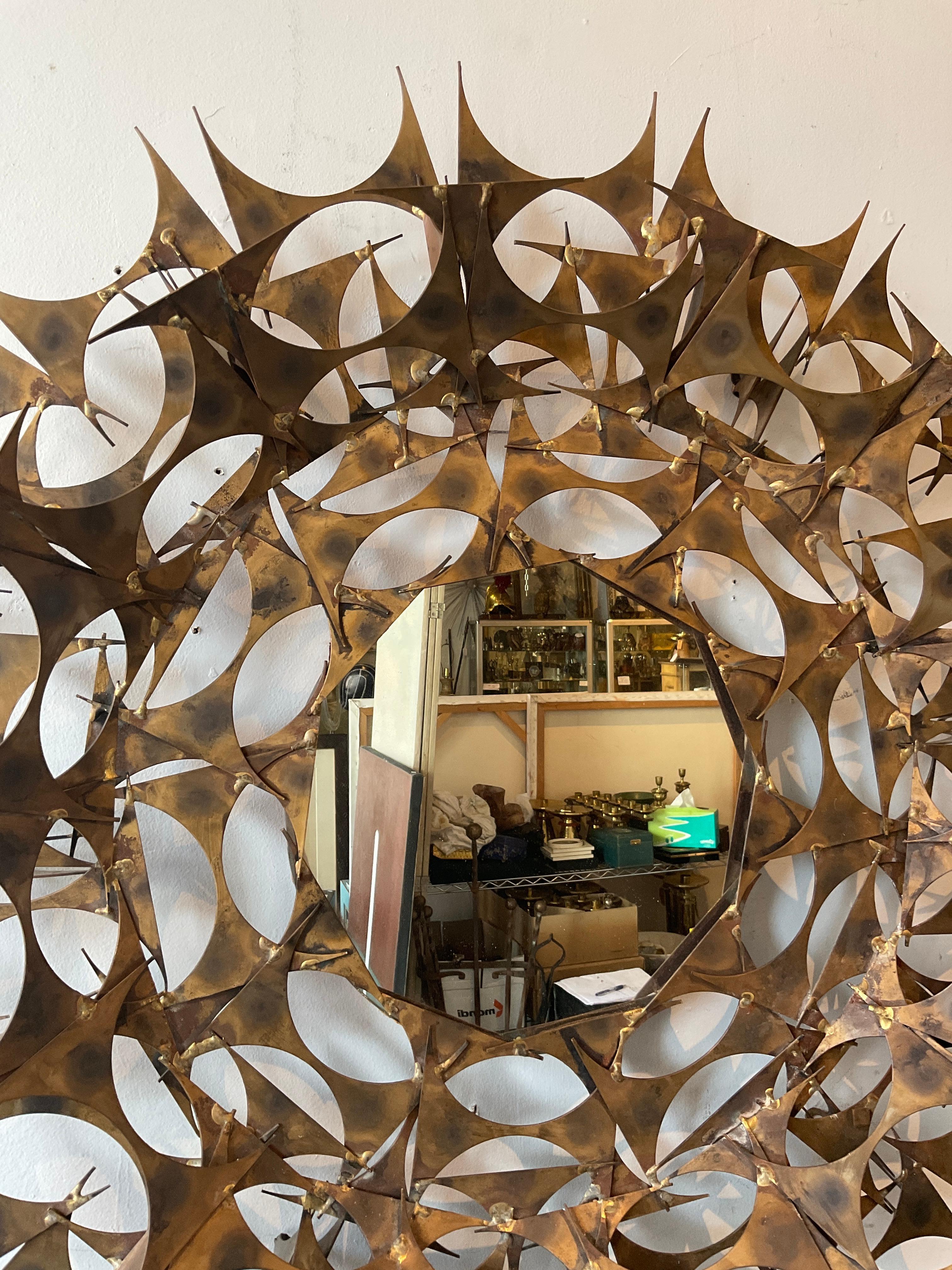 Sheet Metal 1970s Marc Weinstein Brutalist Sunburst Metal Mirror For Sale