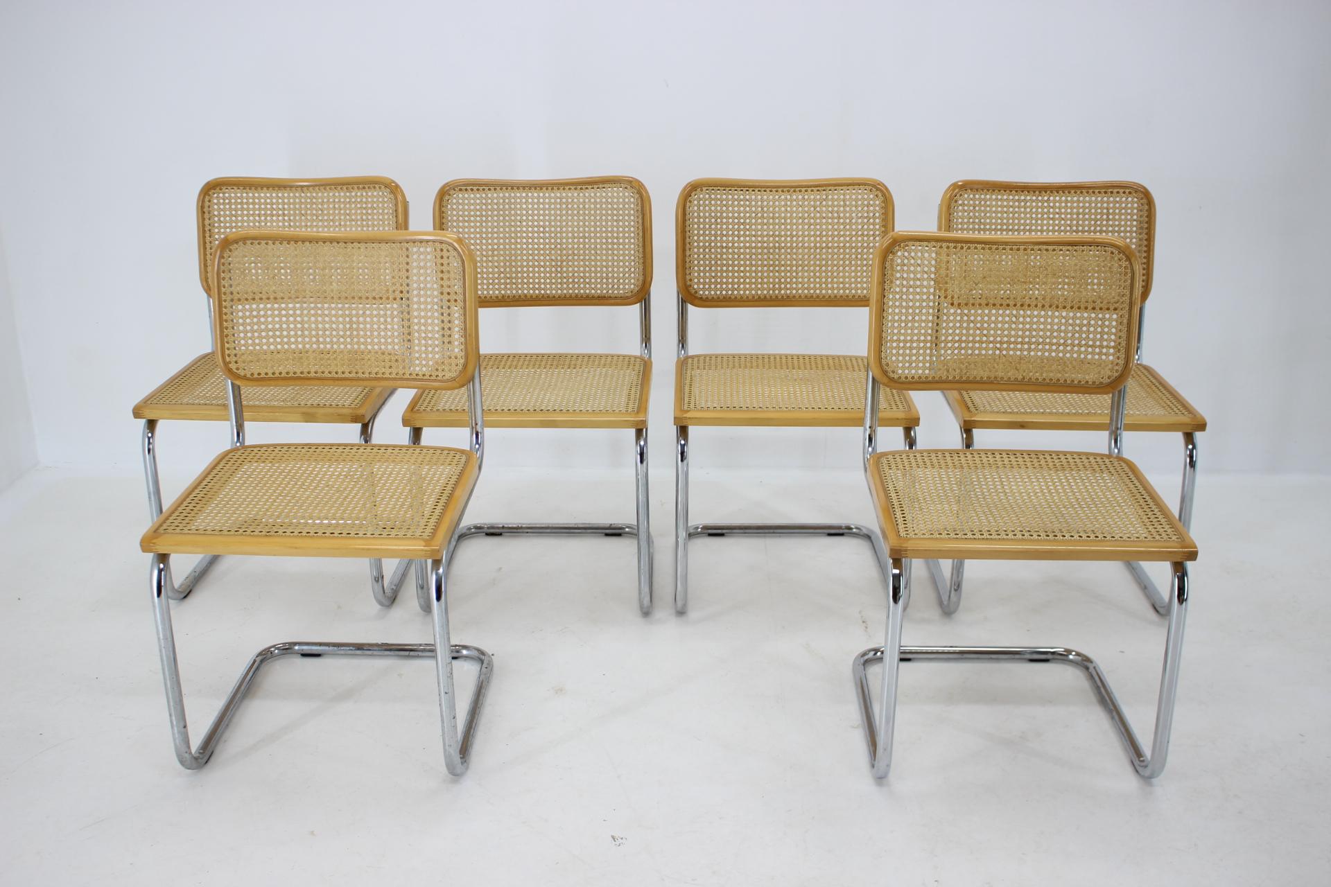 - Good original condition with minor signs of use 
- The caned string seats are in good original condition 
- The chrome plated parts in good condition with some signs of use 
- Height of seat 45 cm.