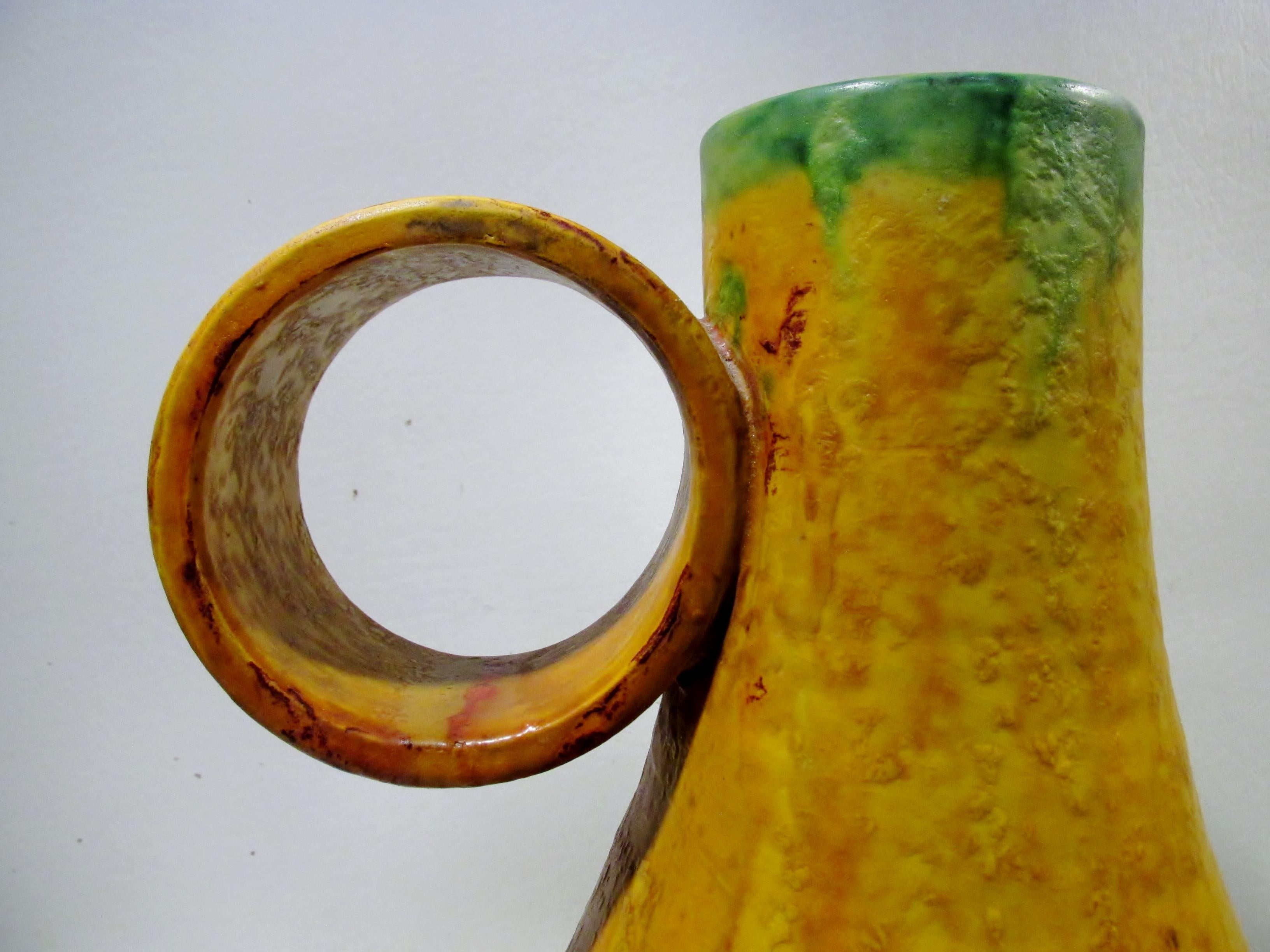 Mid-Century Modern 1970s Marcello Fantoni Italian Art Pottery Loop Handle Flambe Glaze Vase For Sale