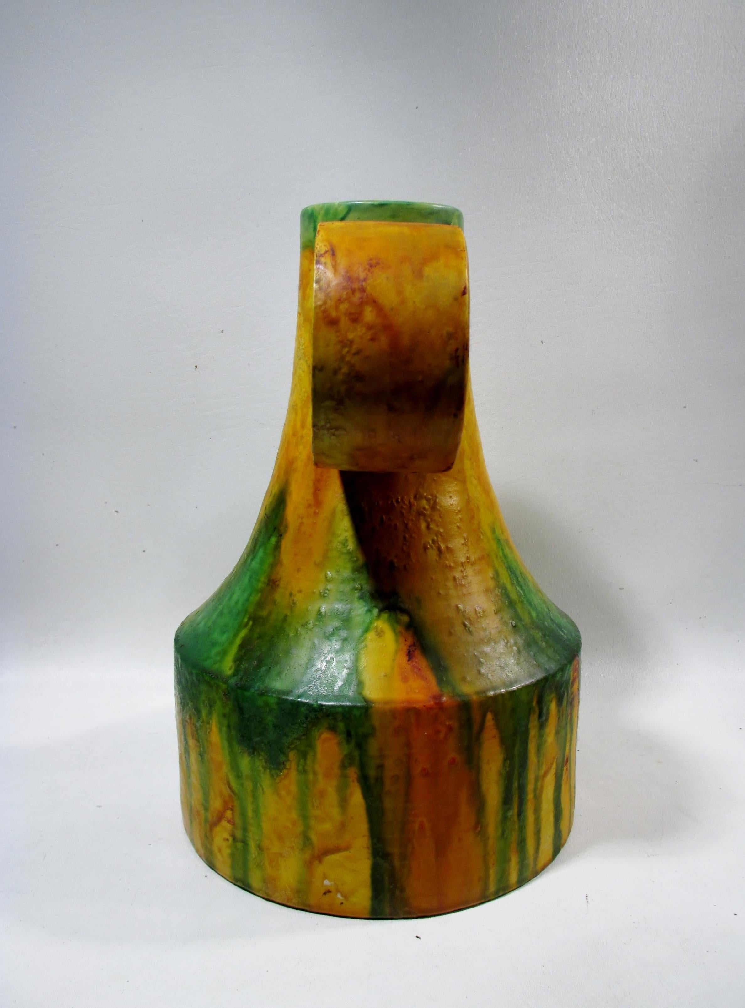 Glazed 1970s Marcello Fantoni Italian Art Pottery Loop Handle Flambe Glaze Vase For Sale