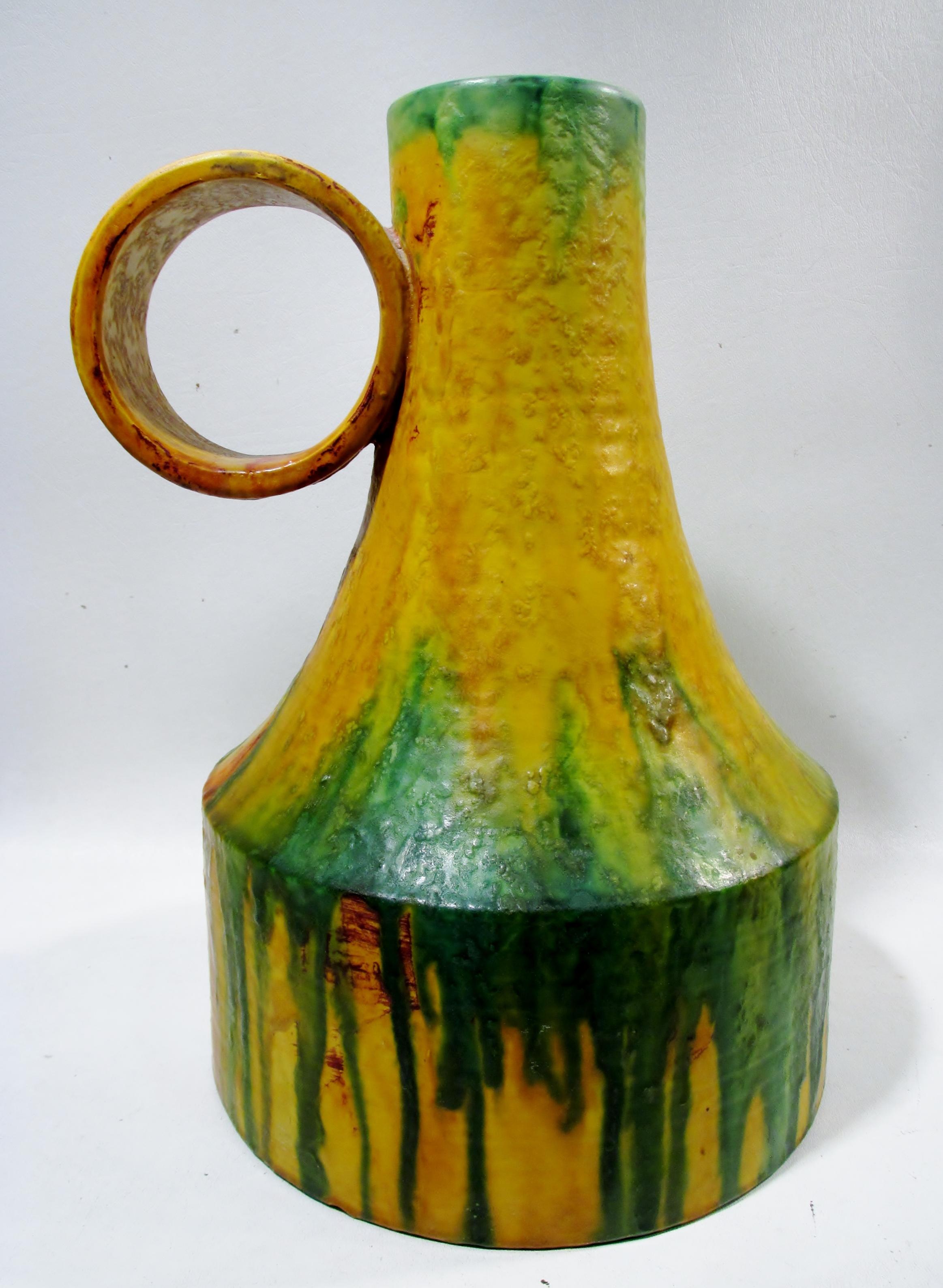 1970s Marcello Fantoni Italian Art Pottery Loop Handle Flambe Glaze Vase In Good Condition For Sale In Denver, CO