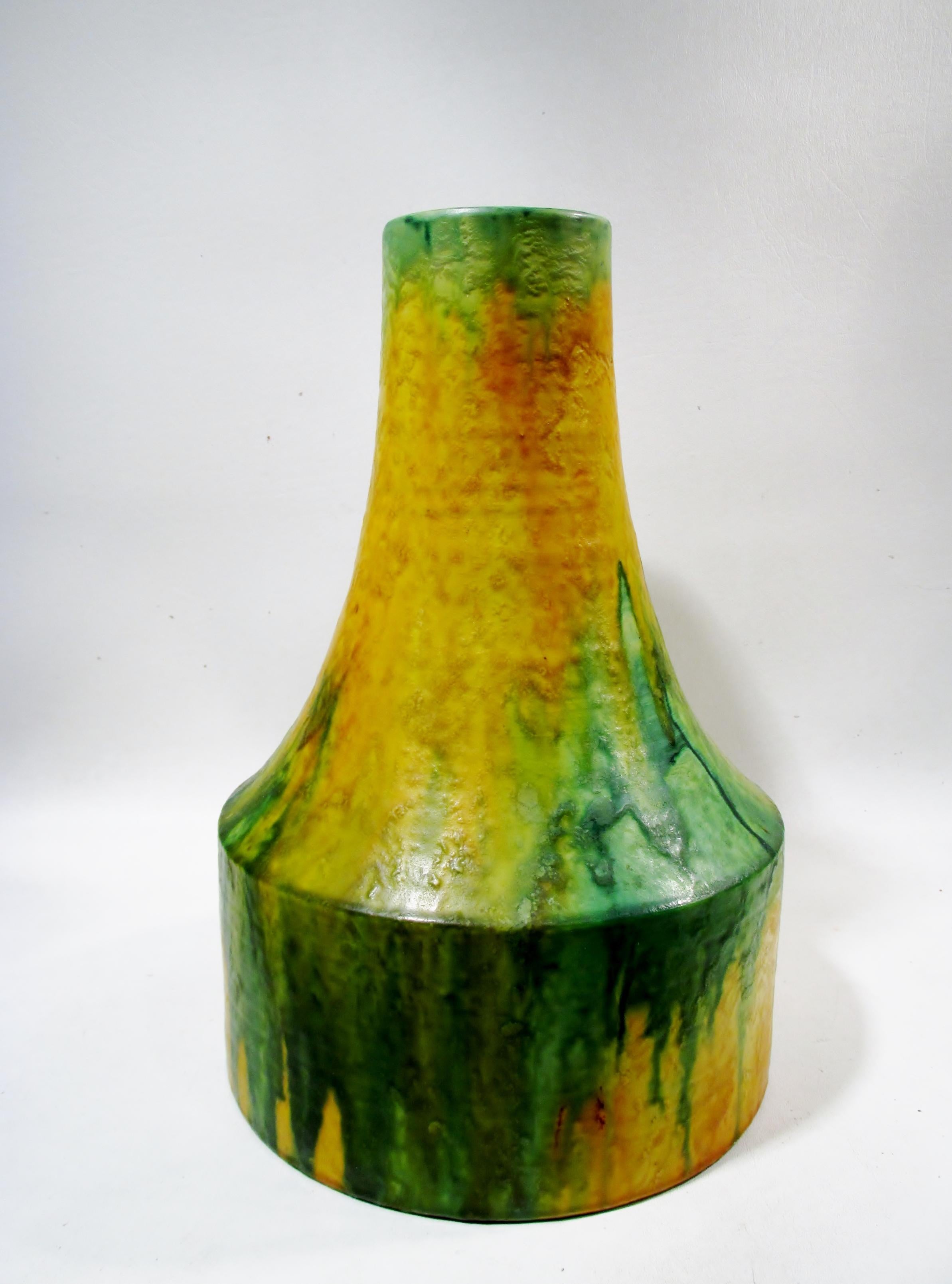 Late 20th Century 1970s Marcello Fantoni Italian Art Pottery Loop Handle Flambe Glaze Vase For Sale