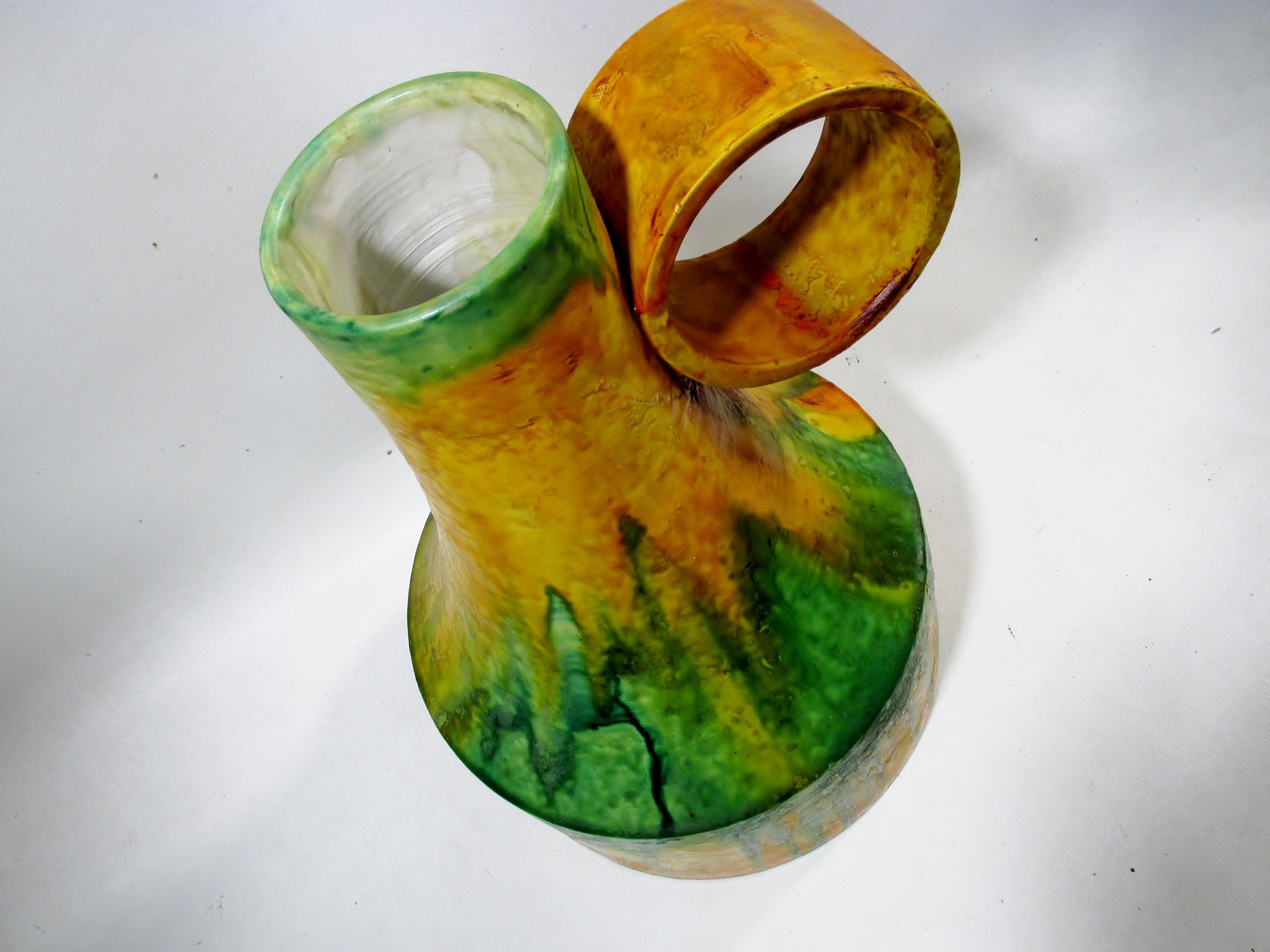Ceramic 1970s Marcello Fantoni Italian Art Pottery Loop Handle Flambe Glaze Vase For Sale