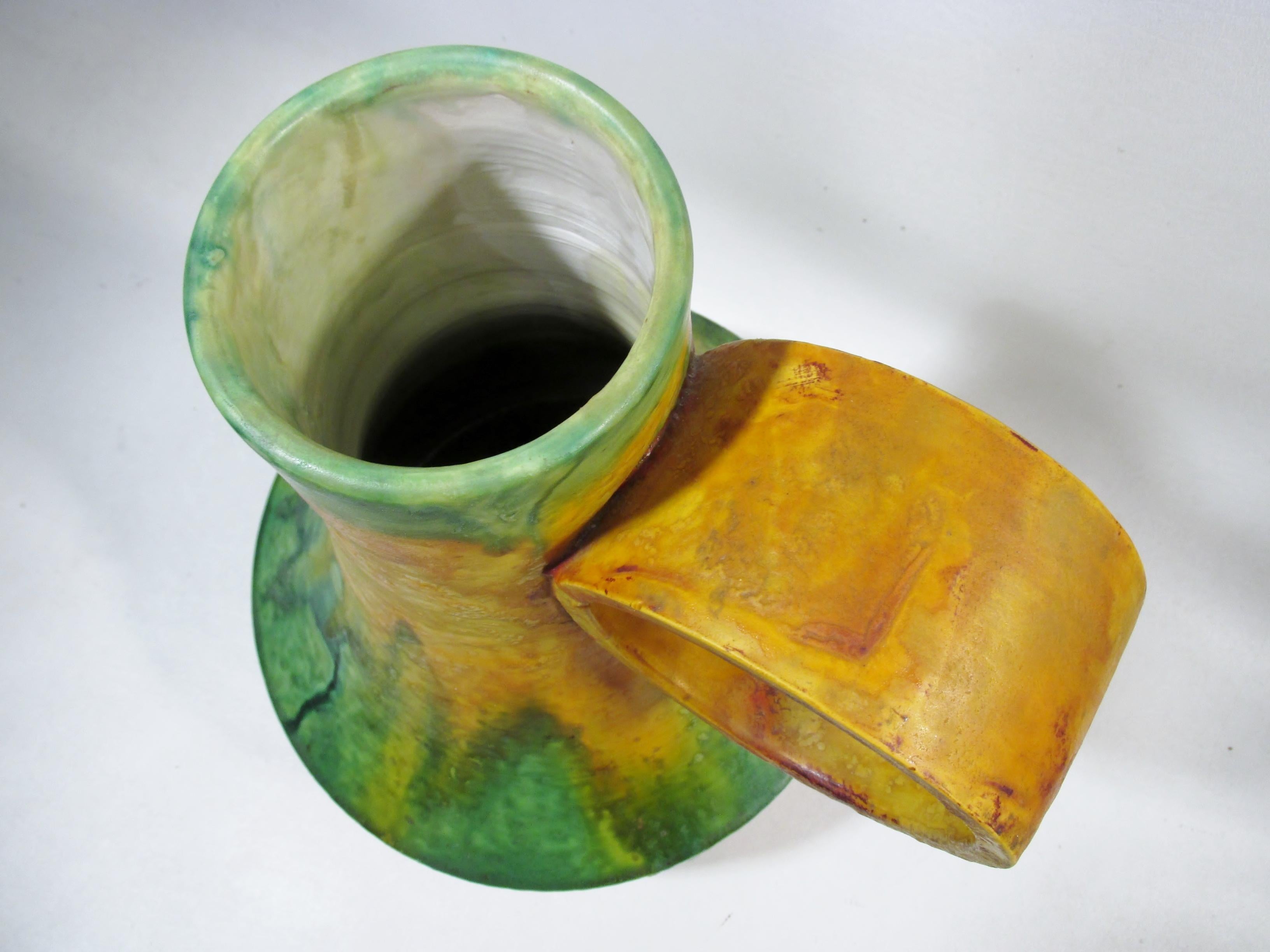 1970s Marcello Fantoni Italian Art Pottery Loop Handle Flambe Glaze Vase For Sale 1