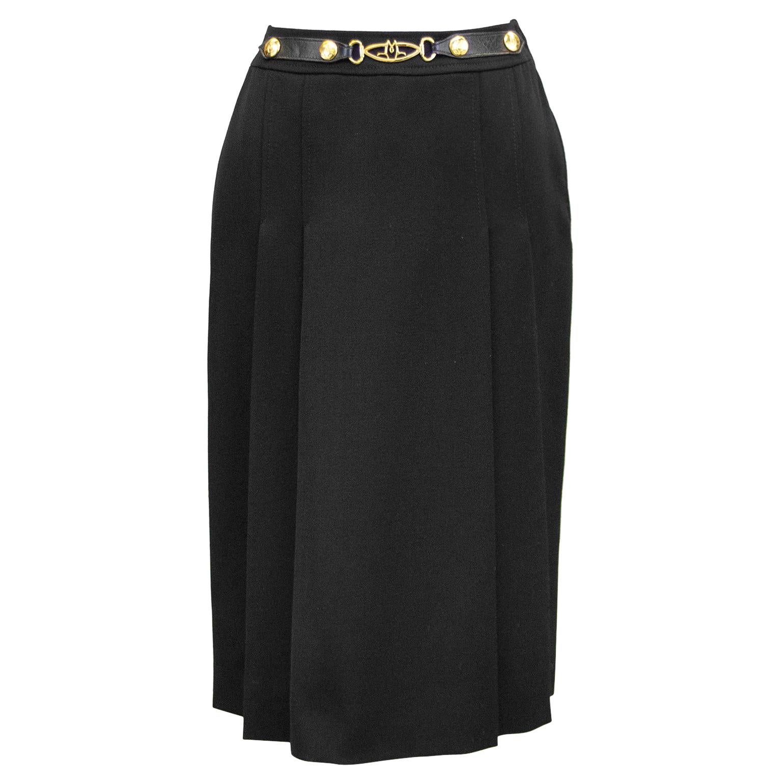1970's Marelli Black Wool Gabardine Pleated Skirt
