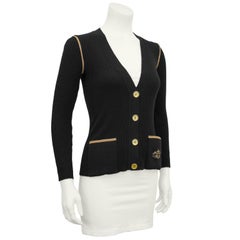 1970's Marelli Black Wool Ribbed Cardigan With Tan Accents