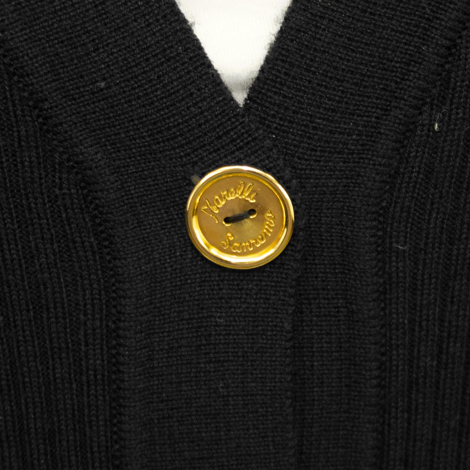 Marelli - Cardigan côtelé en laine noire avec accents brun clair, années 1970 Unisexe en vente