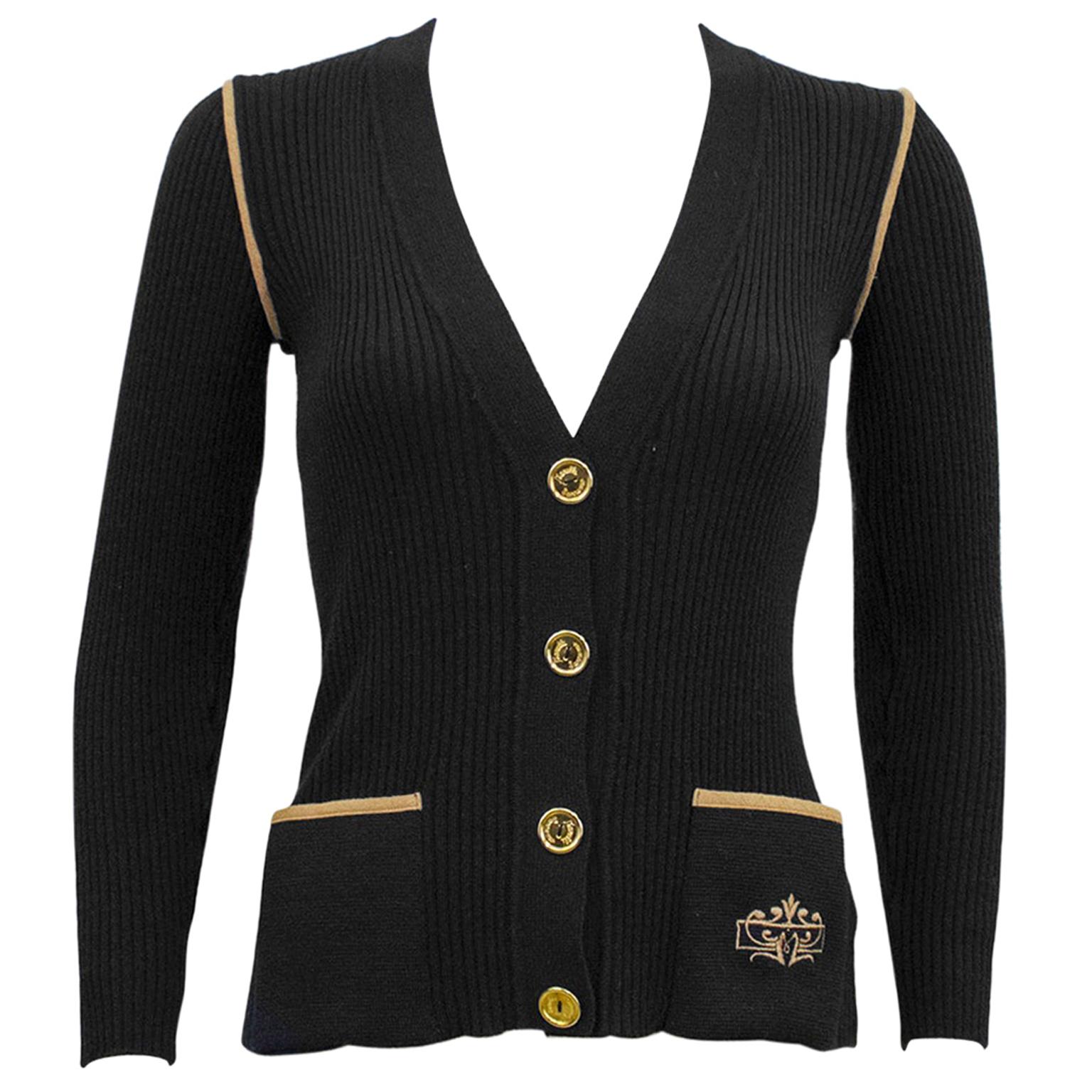 1970's Marelli Black Wool Ribbed Cardigan With Tan Accents For Sale