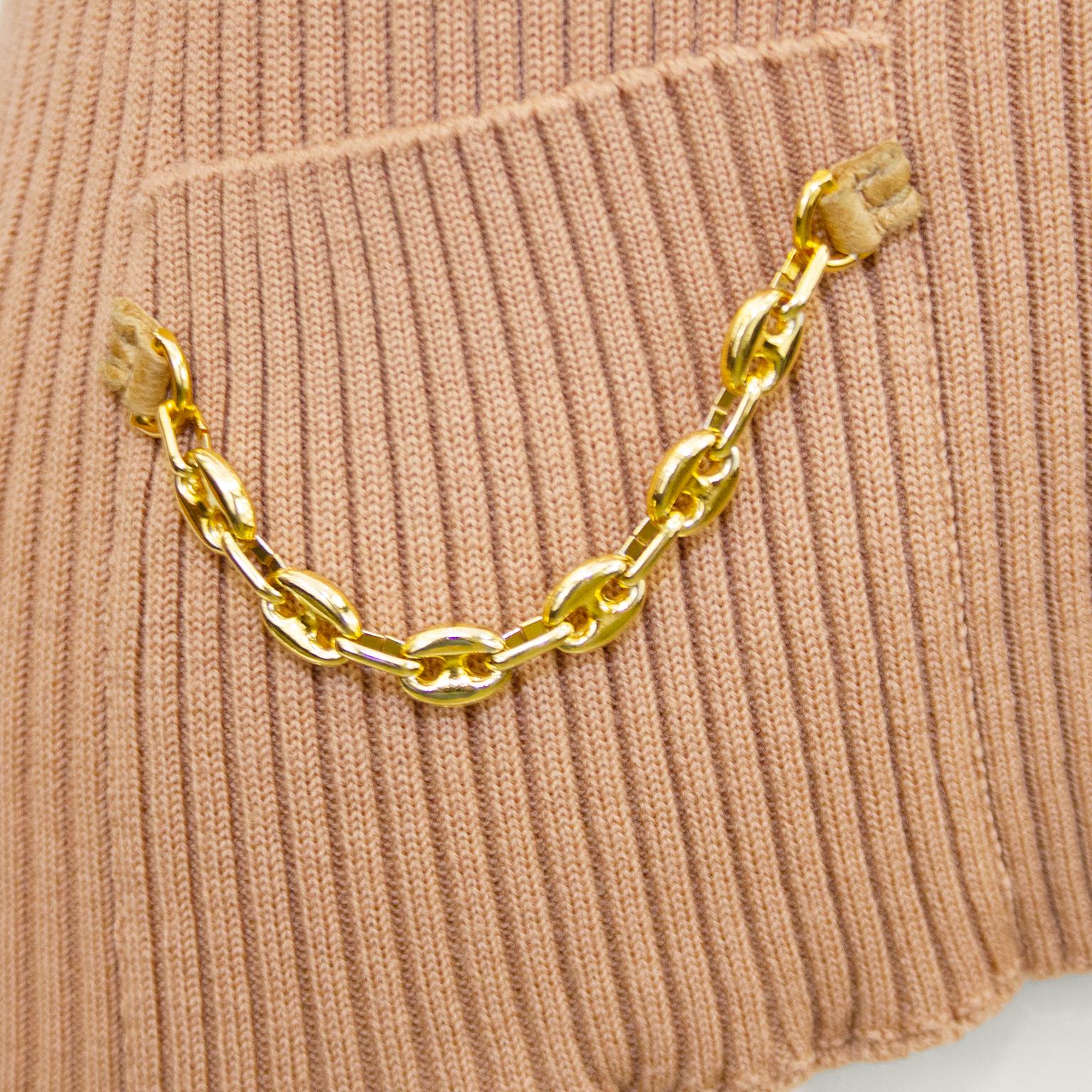 Women's or Men's 1970's Marelli Zip Front Tan Ribbed Cardigan With Gold Chain Details For Sale