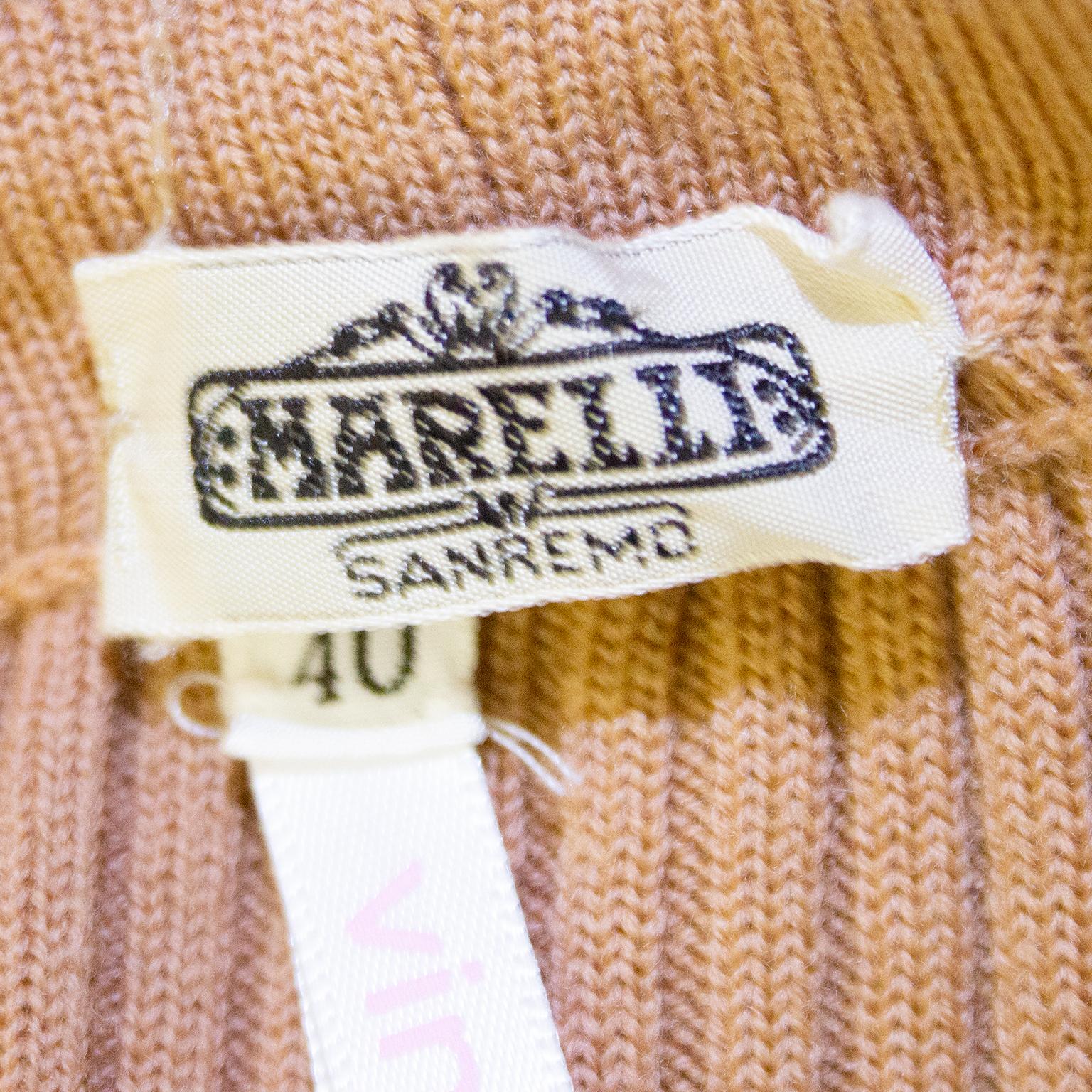 1970's Marelli Zip Front Tan Ribbed Cardigan With Gold Chain Details For Sale 1