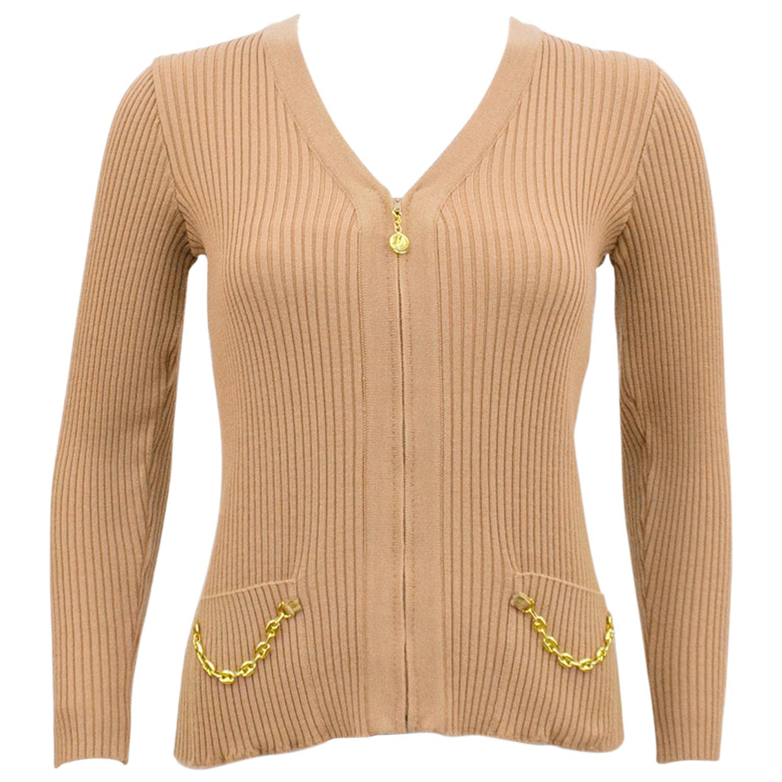 1970's Marelli Zip Front Tan Ribbed Cardigan With Gold Chain Details For Sale