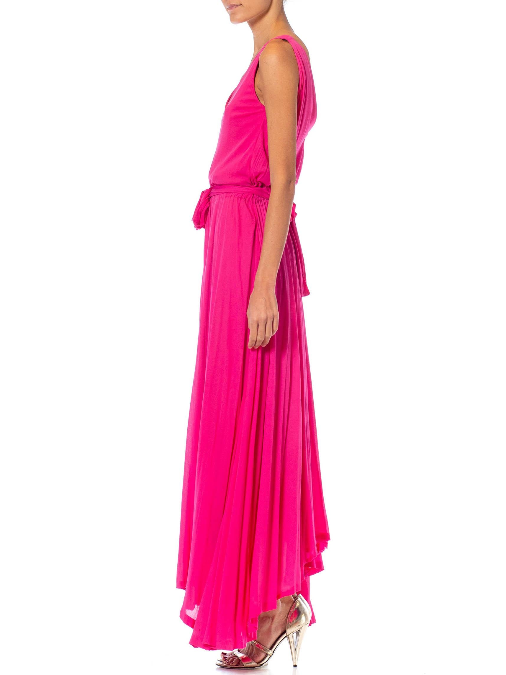 1970S Marie-Martine Hot Pink Silk Jersey French Made Demi-Couture Disco Gown With Belt