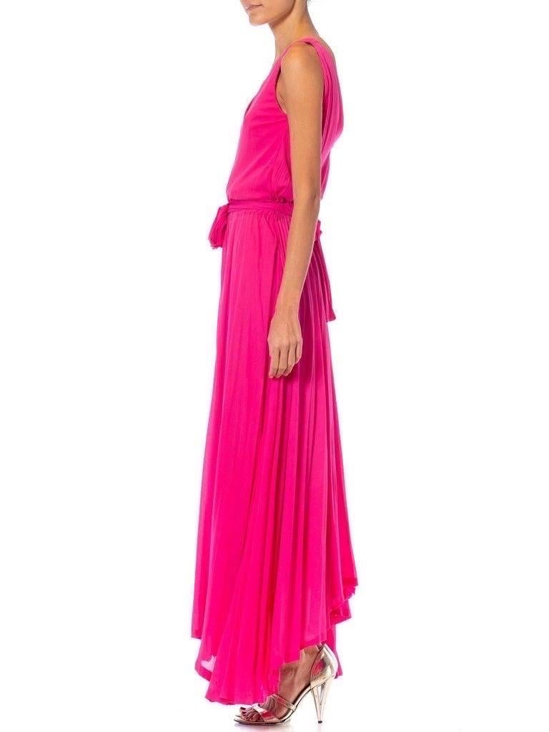1970S MARIE-MARTINE Hot Pink Silk Jersey French Made Demi-Couture Disco Gown Wi In Excellent Condition For Sale In New York, NY