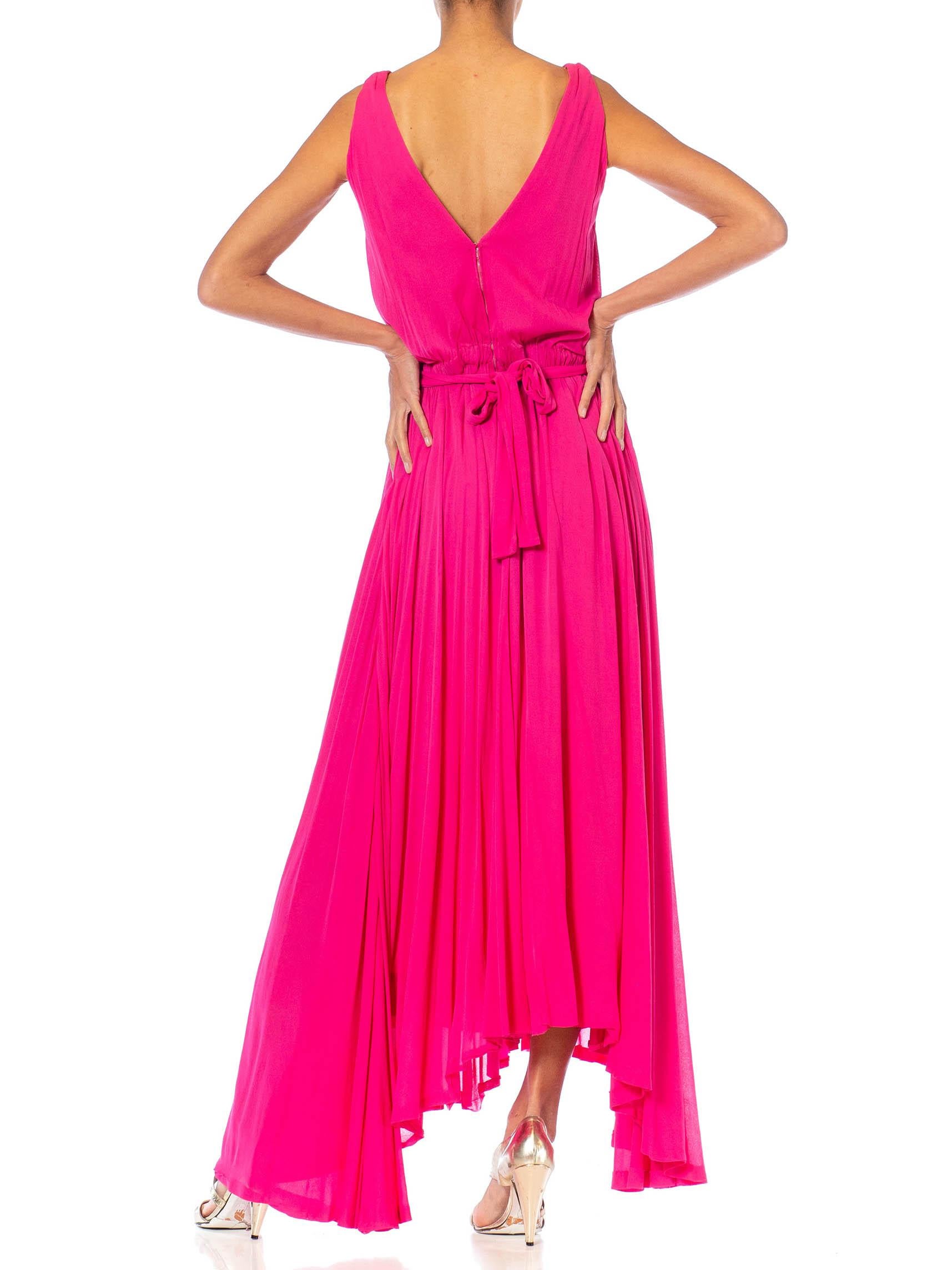 Women's 1970S Marie-Martine Hot Pink Silk Jersey French Made Demi-Couture Disco Gown Wi For Sale