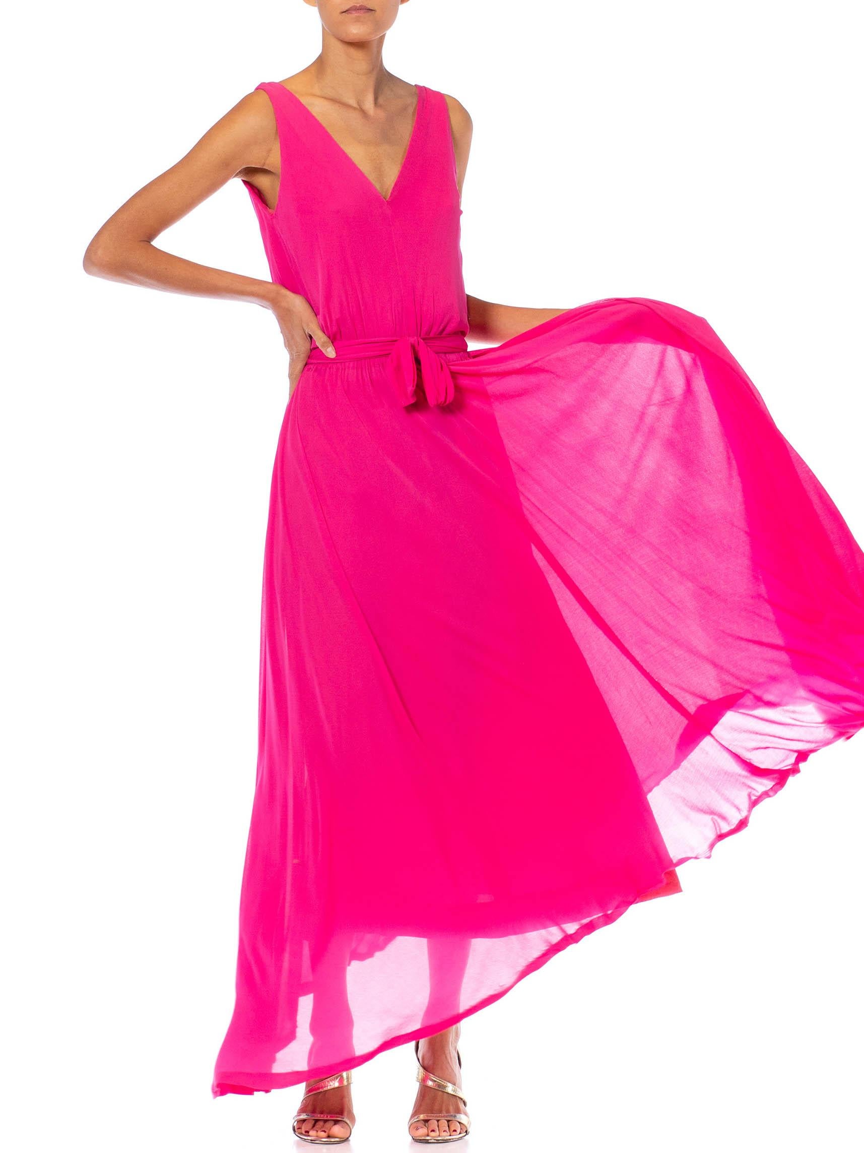 1970S Marie-Martine Hot Pink Silk Jersey French Made Demi-Couture Disco Gown Wi For Sale 1