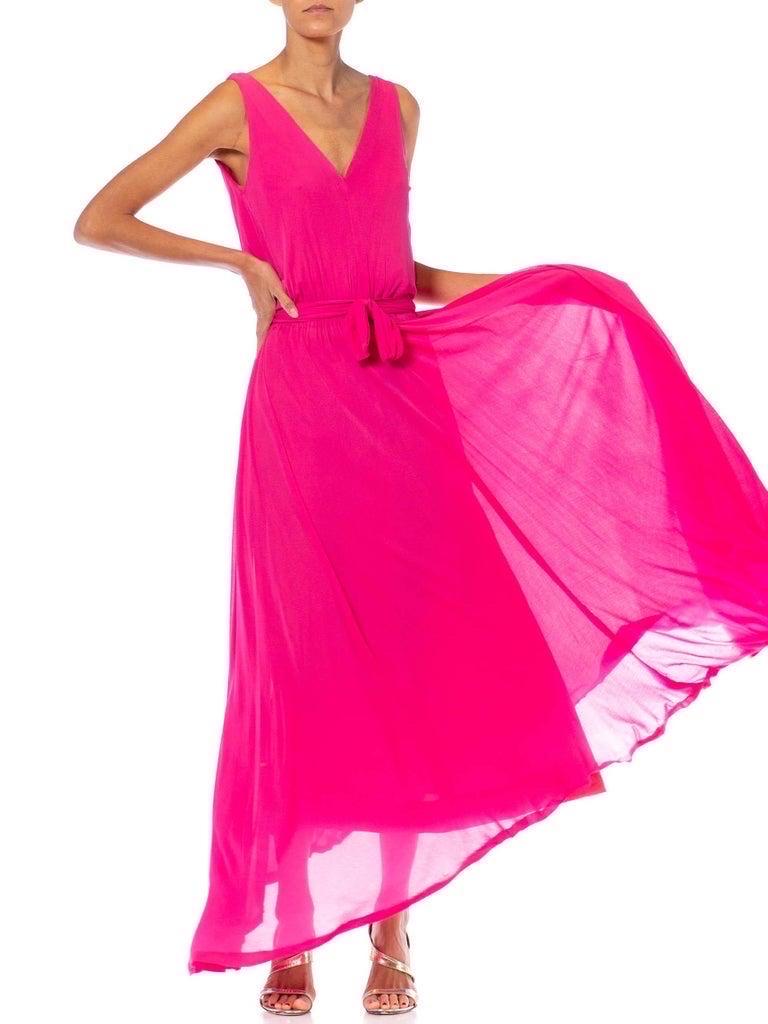 1970S MARIE-MARTINE Hot Pink Silk Jersey French Made Demi-Couture Disco Gown Wi For Sale 2