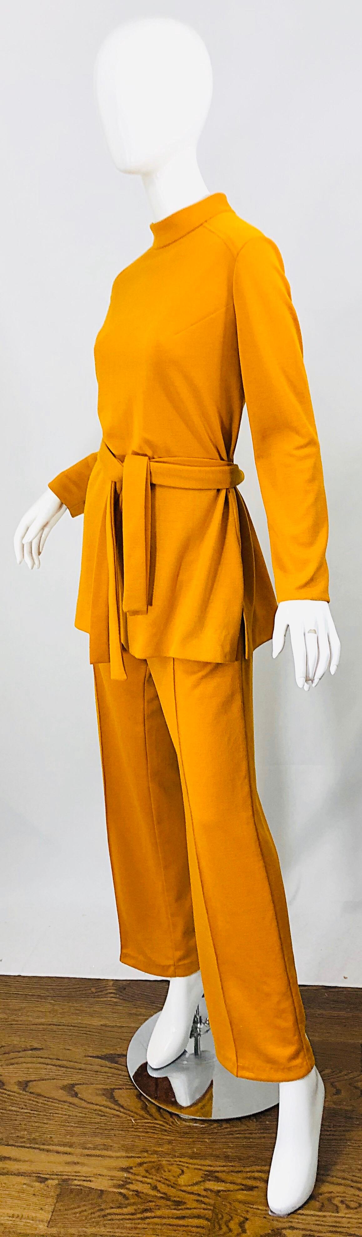 1970s Marigold Mustard Yellow Four Piece Vintage 70s Knit Shirt + Pants + Belt For Sale 3
