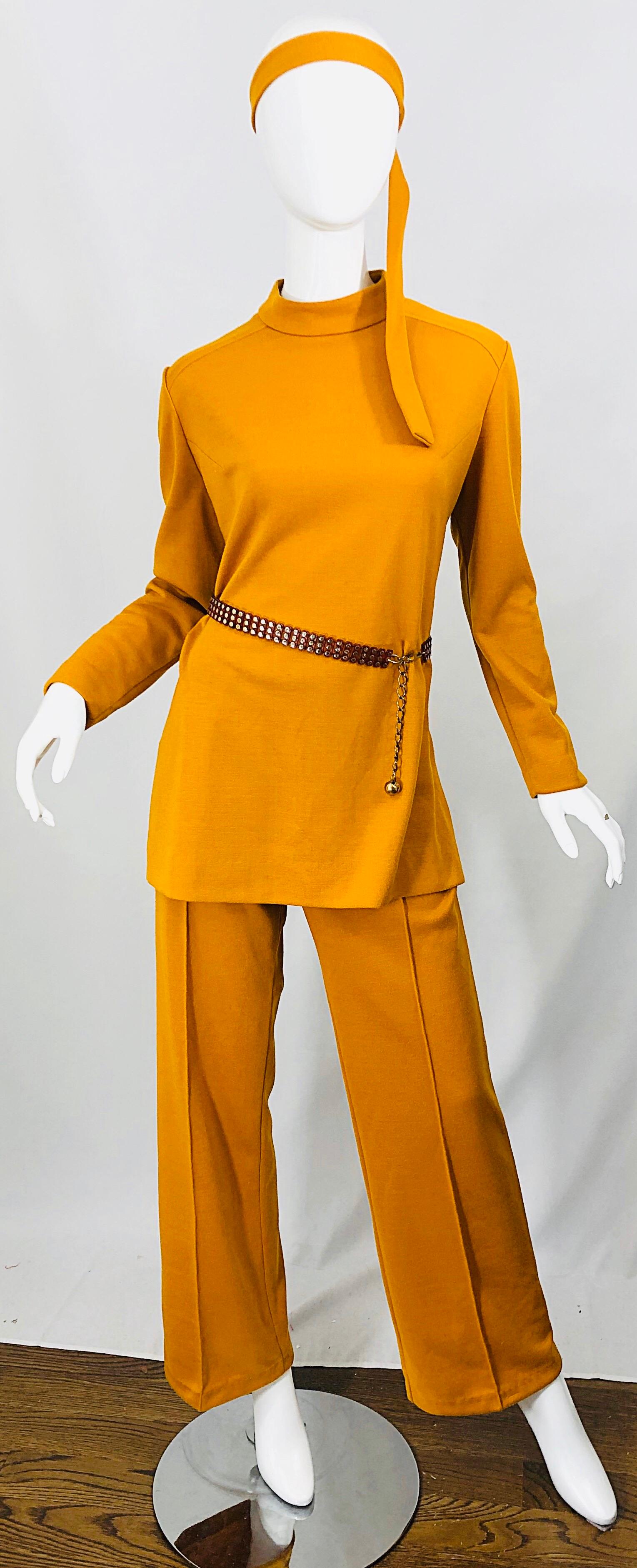 1970s Marigold Mustard Yellow Four Piece Vintage 70s Knit Shirt + Pants + Belt For Sale 4