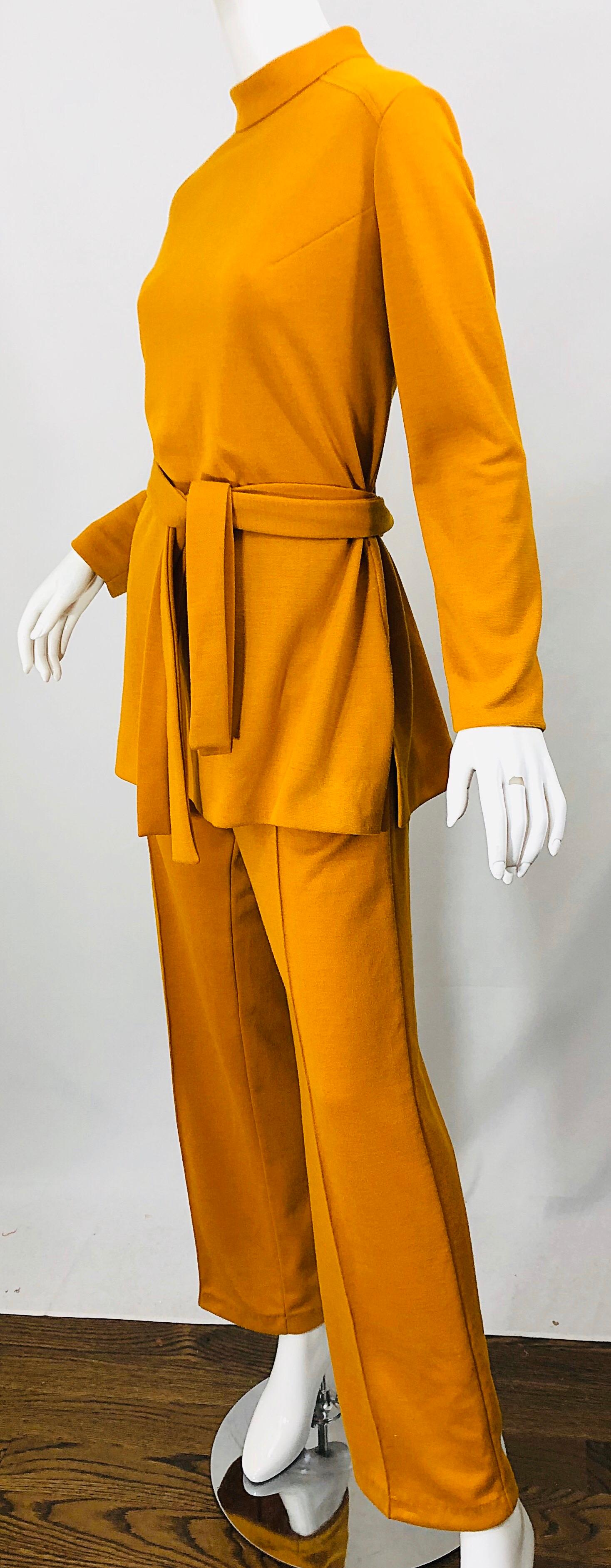 1970s Marigold Mustard Yellow Four Piece Vintage 70s Knit Shirt + Pants + Belt For Sale 6