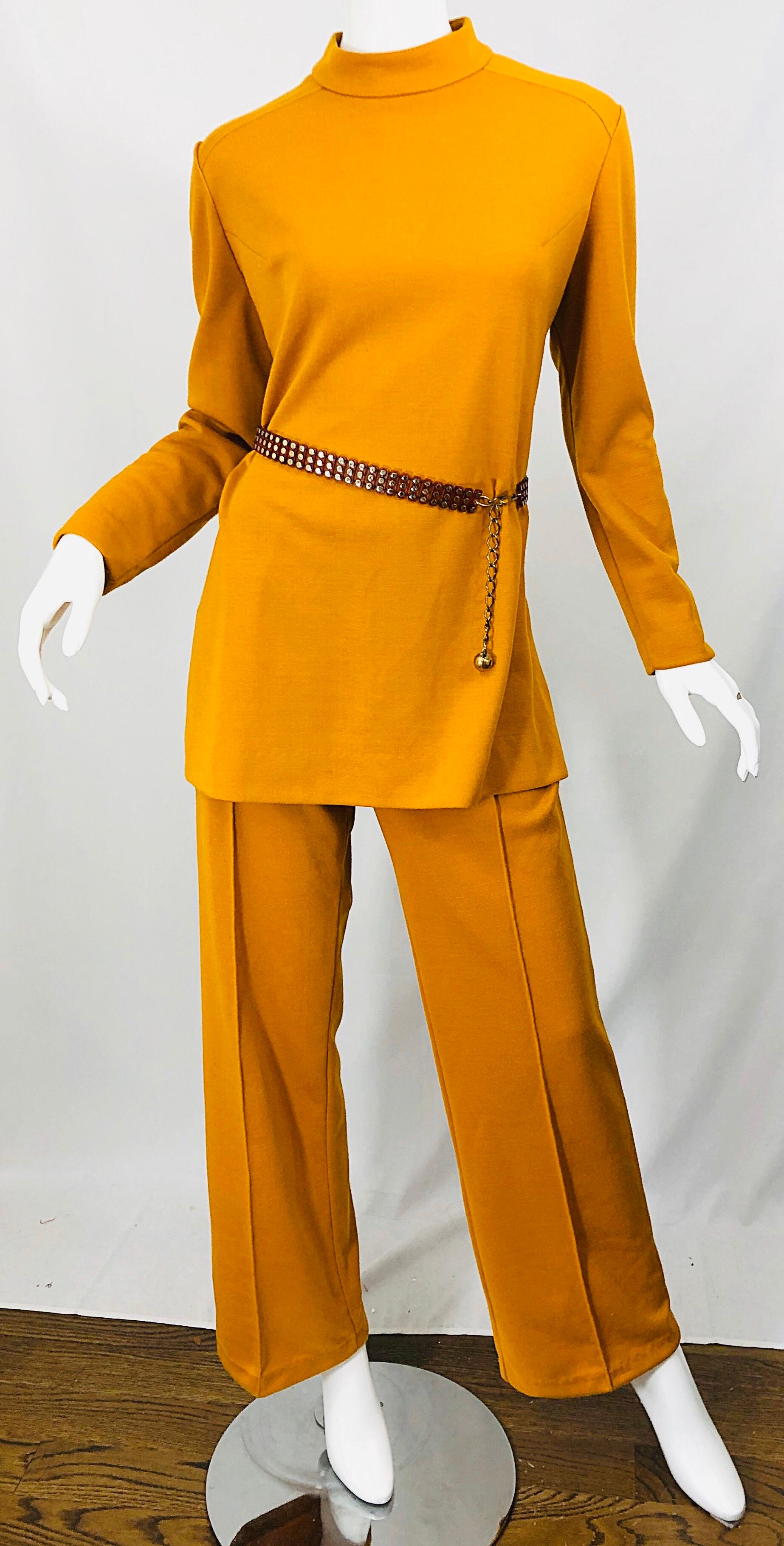 1970s Marigold Mustard Yellow Four Piece Vintage 70s Knit Shirt + Pants + Belt For Sale 7