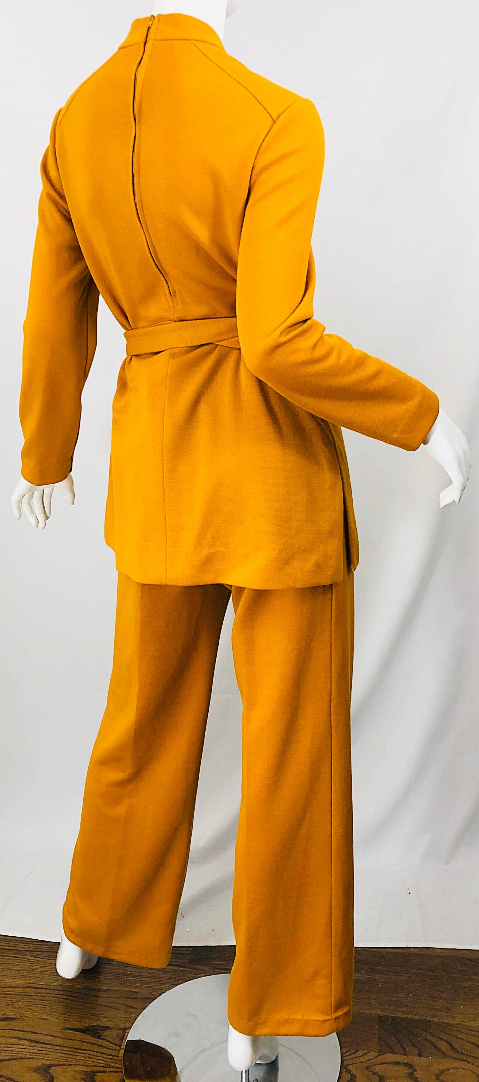 1970s Marigold Mustard Yellow Four Piece Vintage 70s Knit Shirt + Pants + Belt For Sale 8