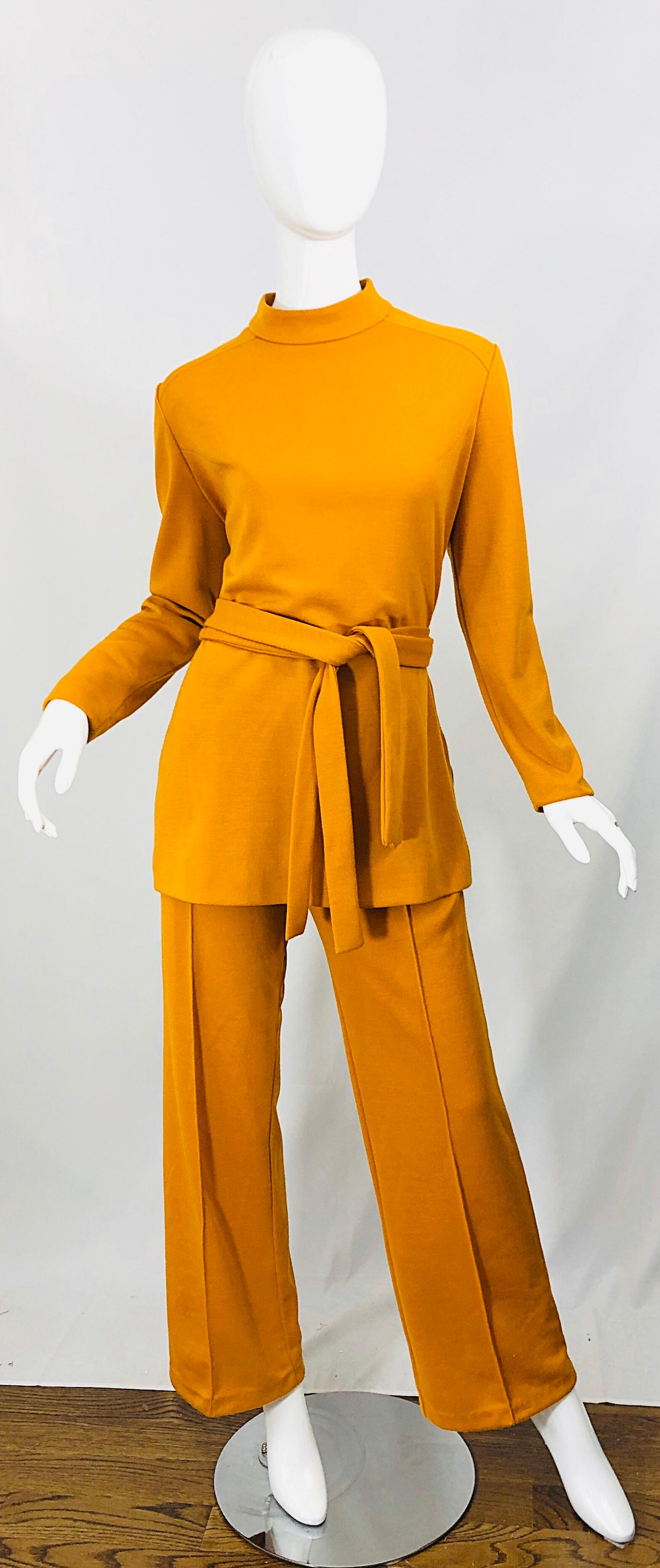1970s Marigold Mustard Yellow Four Piece Vintage 70s Knit Shirt + Pants + Belt For Sale 9