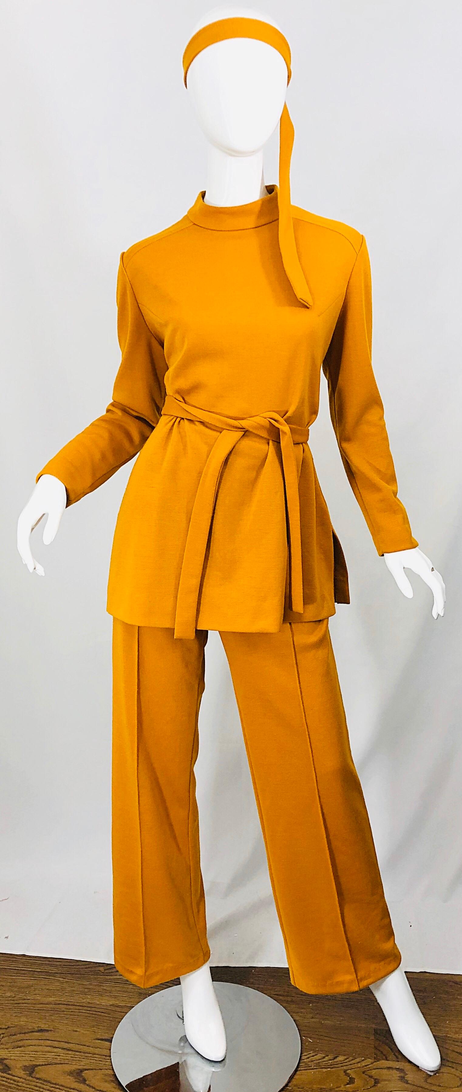 1970s Marigold Mustard Yellow Four Piece Vintage 70s Knit Shirt + Pants + Belt In Excellent Condition For Sale In San Diego, CA