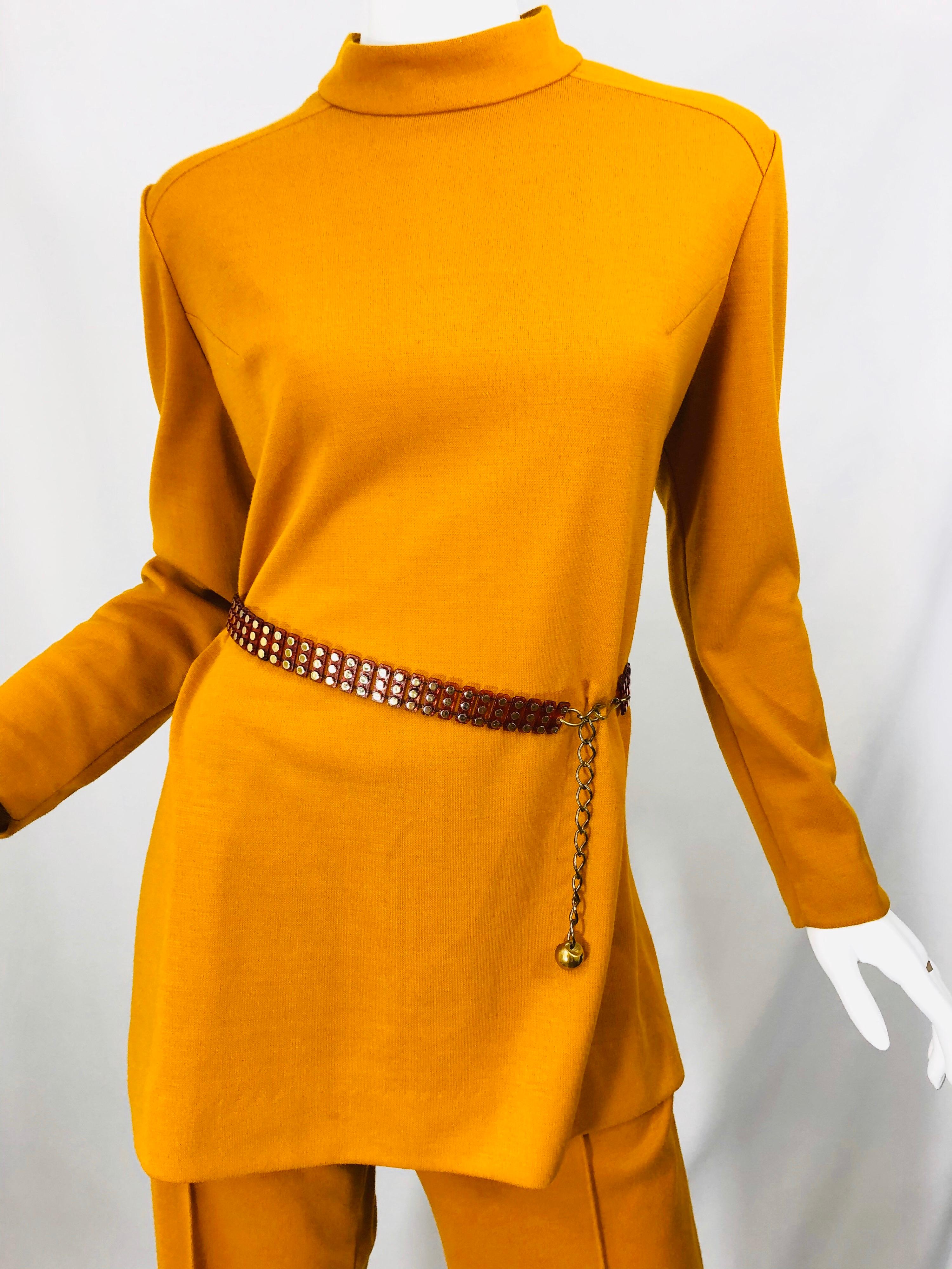 Women's 1970s Marigold Mustard Yellow Four Piece Vintage 70s Knit Shirt + Pants + Belt For Sale