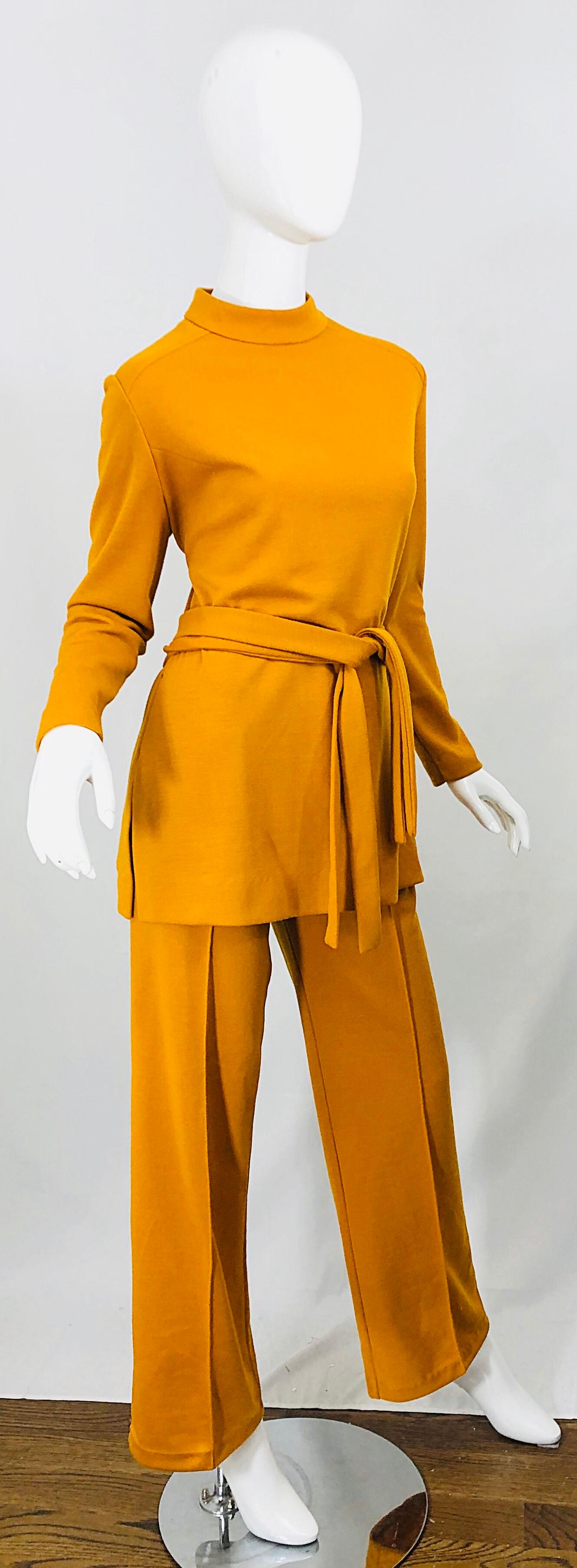 1970s Marigold Mustard Yellow Four Piece Vintage 70s Knit Shirt + Pants + Belt For Sale 1