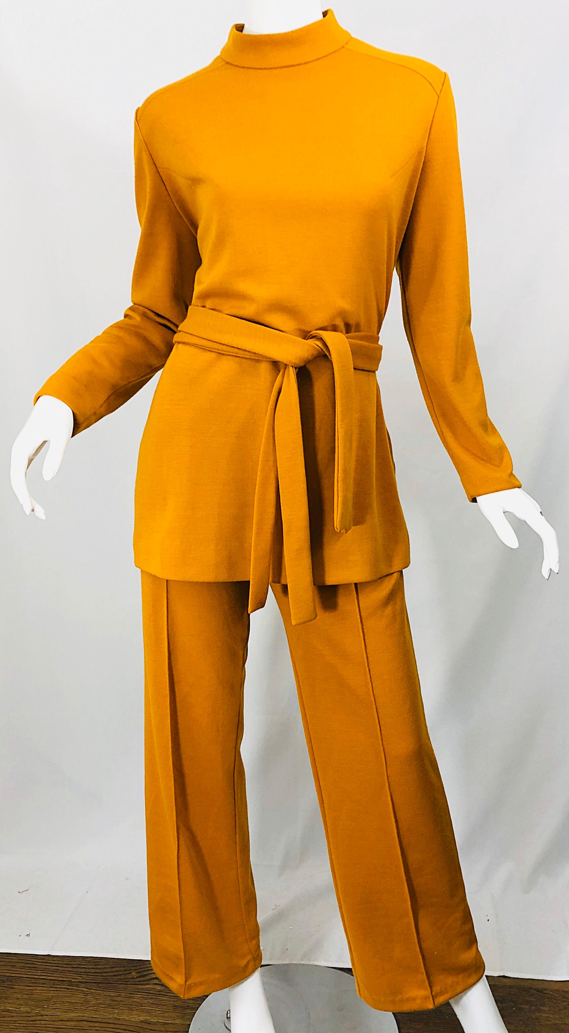 1970s Marigold Mustard Yellow Four Piece Vintage 70s Knit Shirt + Pants + Belt For Sale 2