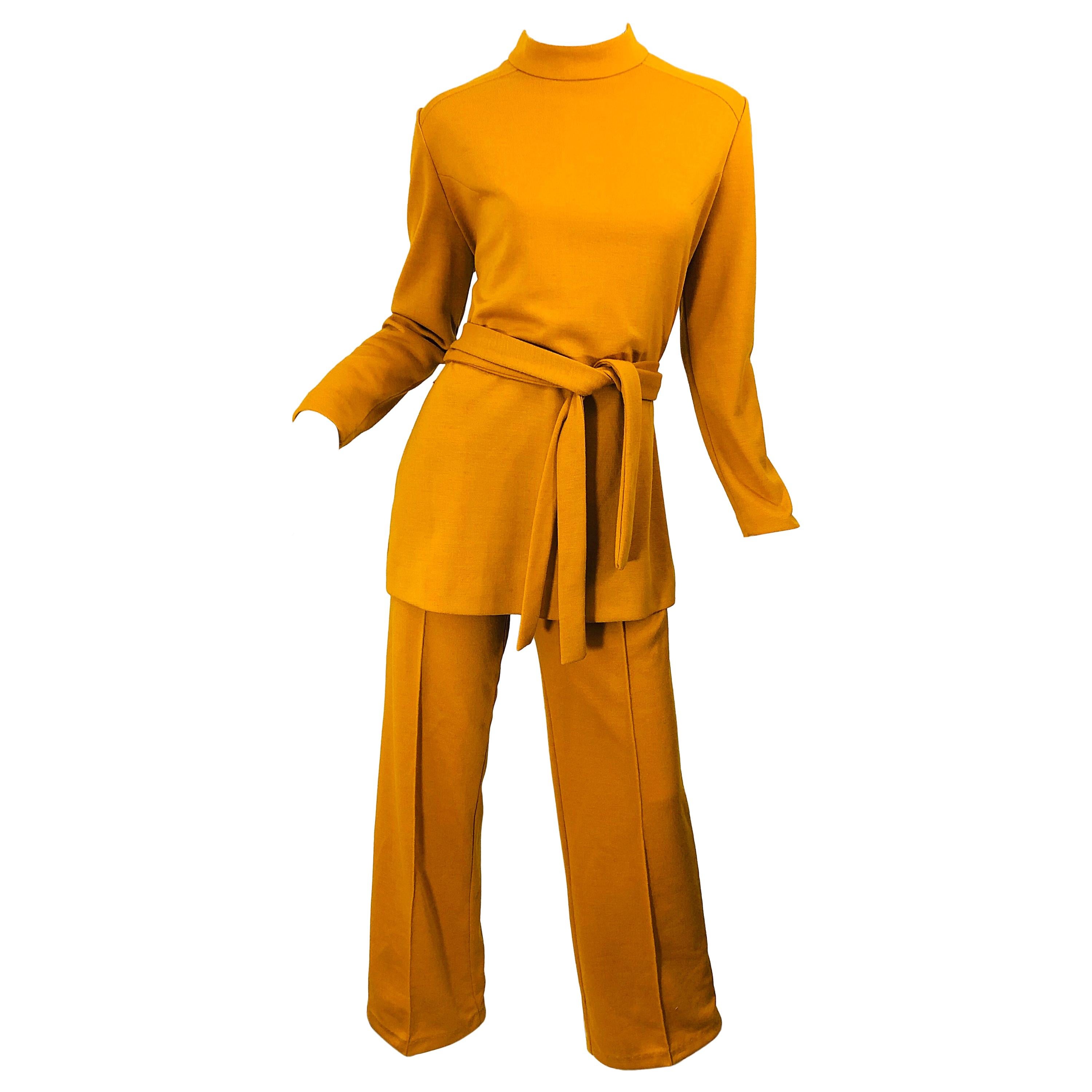 1970s Marigold Mustard Yellow Four Piece Vintage 70s Knit Shirt + Pants + Belt