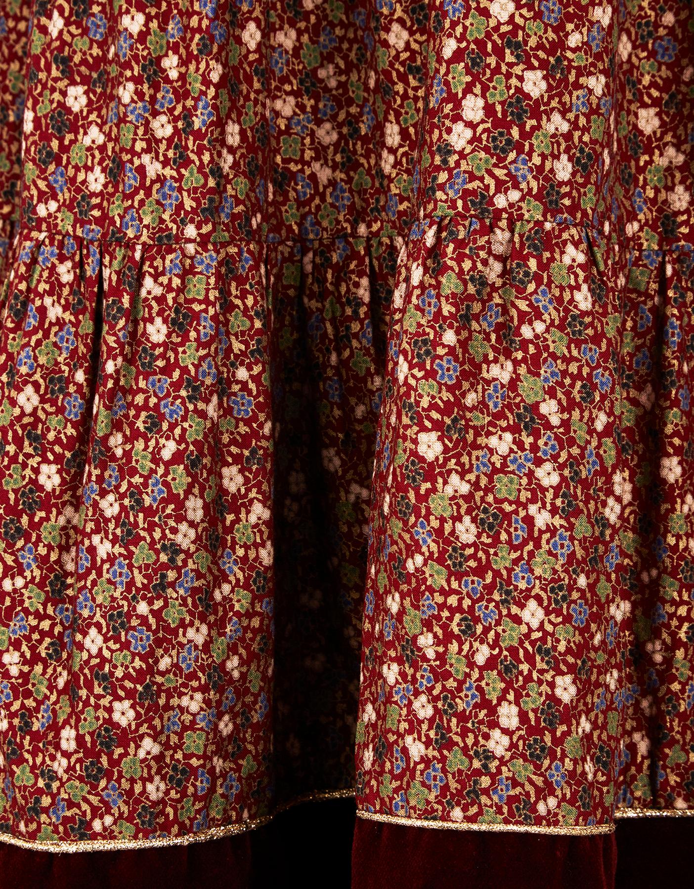 Black 1970s Marion Donaldson Liberty Print Red Floral Cotton & Velvet Skirt For Sale