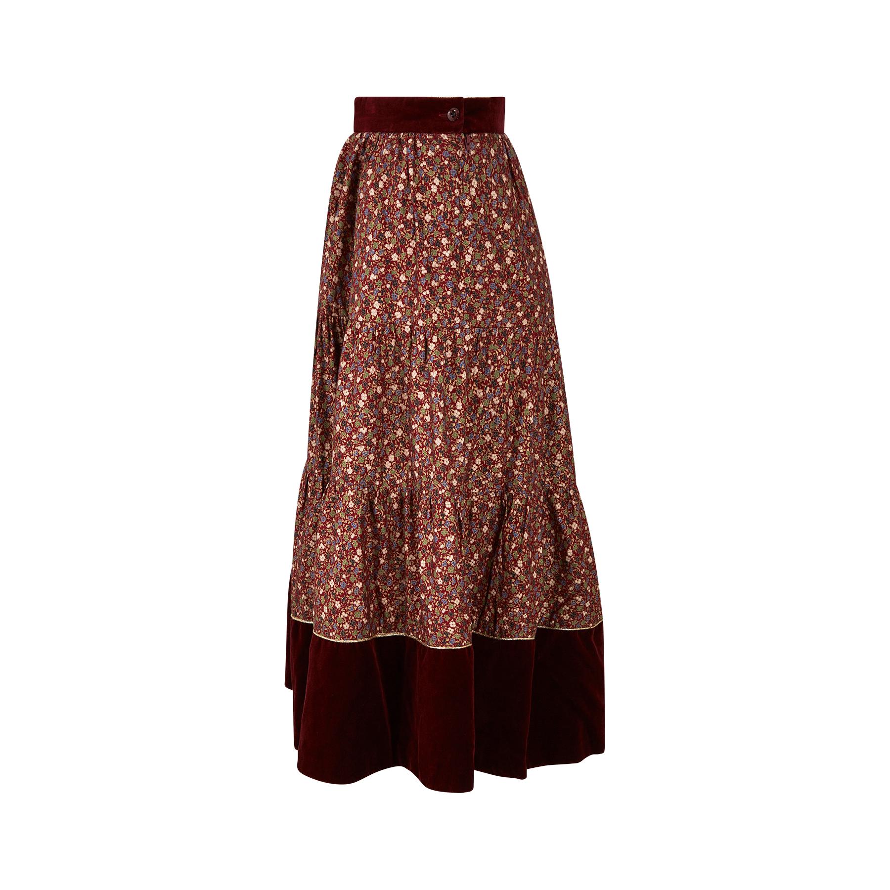 1970s Marion Donaldson Liberty Print Red Floral Cotton & Velvet Skirt In Excellent Condition For Sale In London, GB