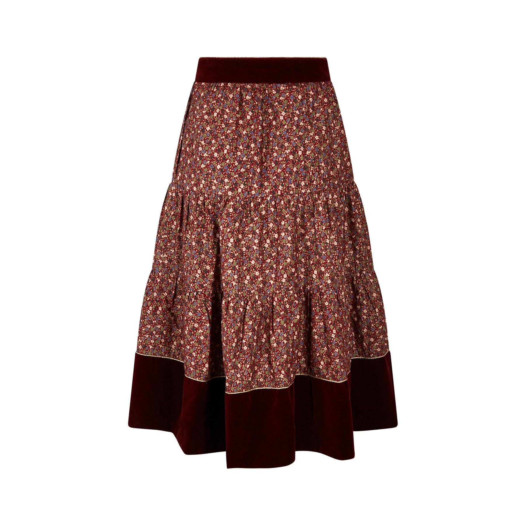 Women's 1970s Marion Donaldson Liberty Print Red Floral Cotton & Velvet Skirt For Sale