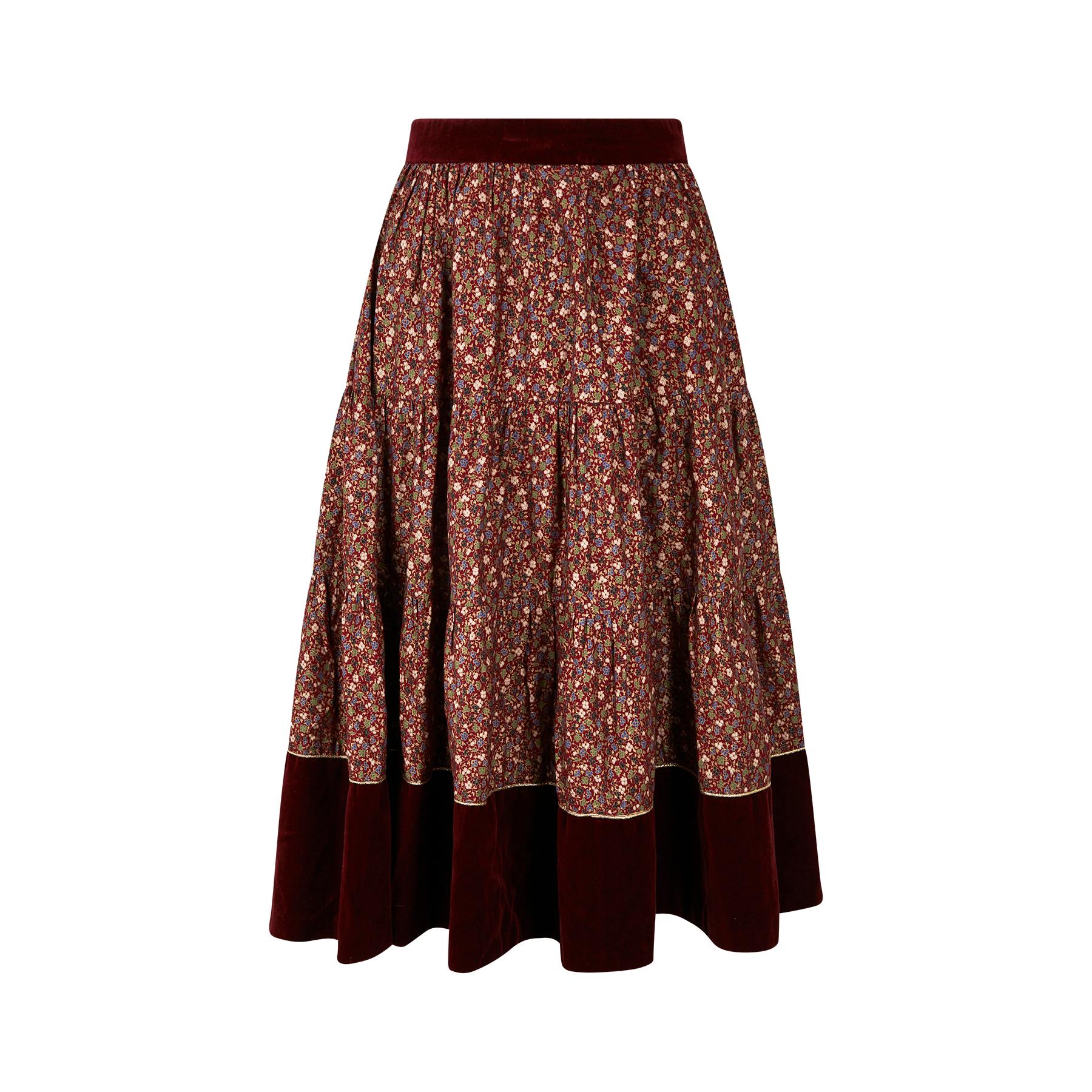 1970s Marion Donaldson Liberty Print Red Floral Cotton & Velvet Skirt For Sale