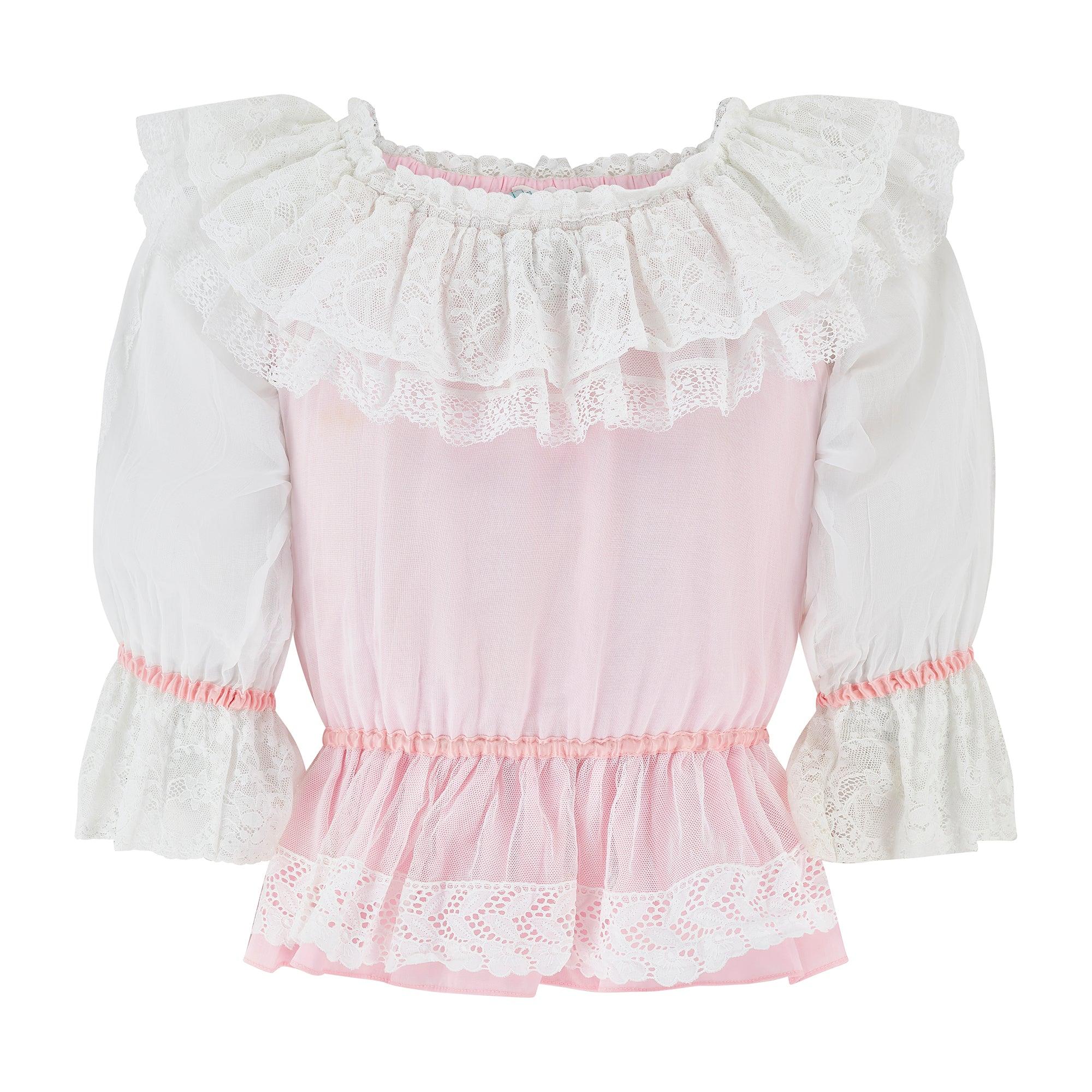 Grigio Camicetta con volant in pizzo bianco e rosa di Marisa Martin del 1970 in vendita