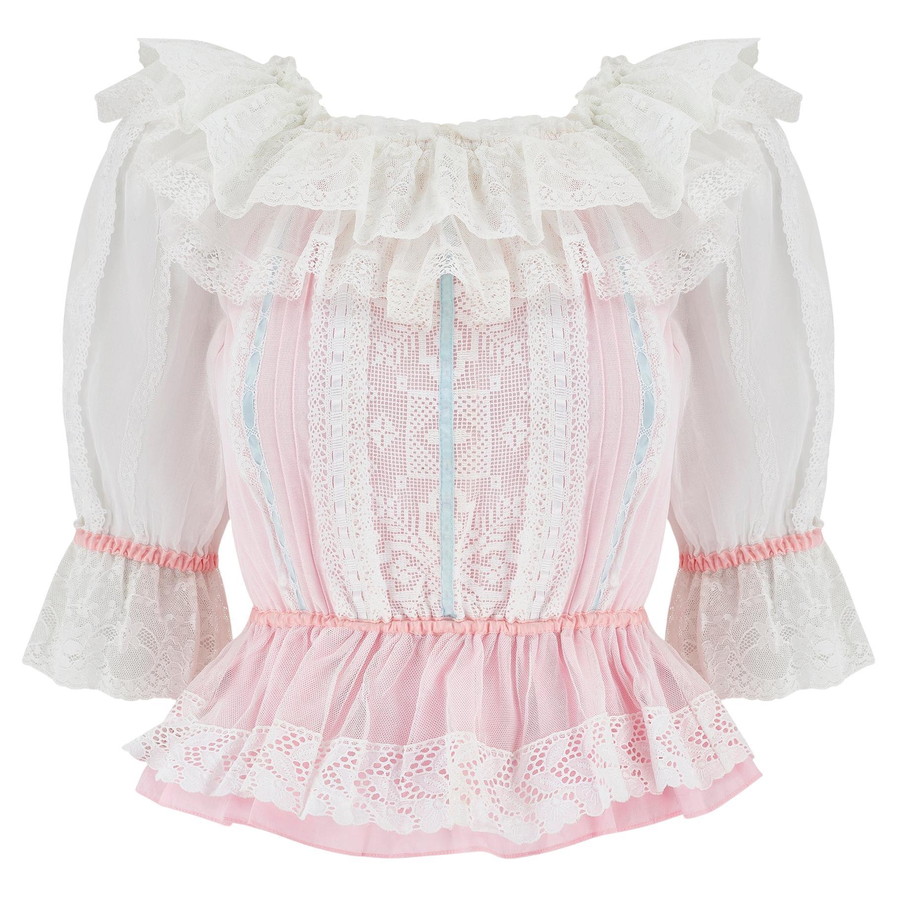 Camicetta con volant in pizzo bianco e rosa di Marisa Martin del 1970 in vendita