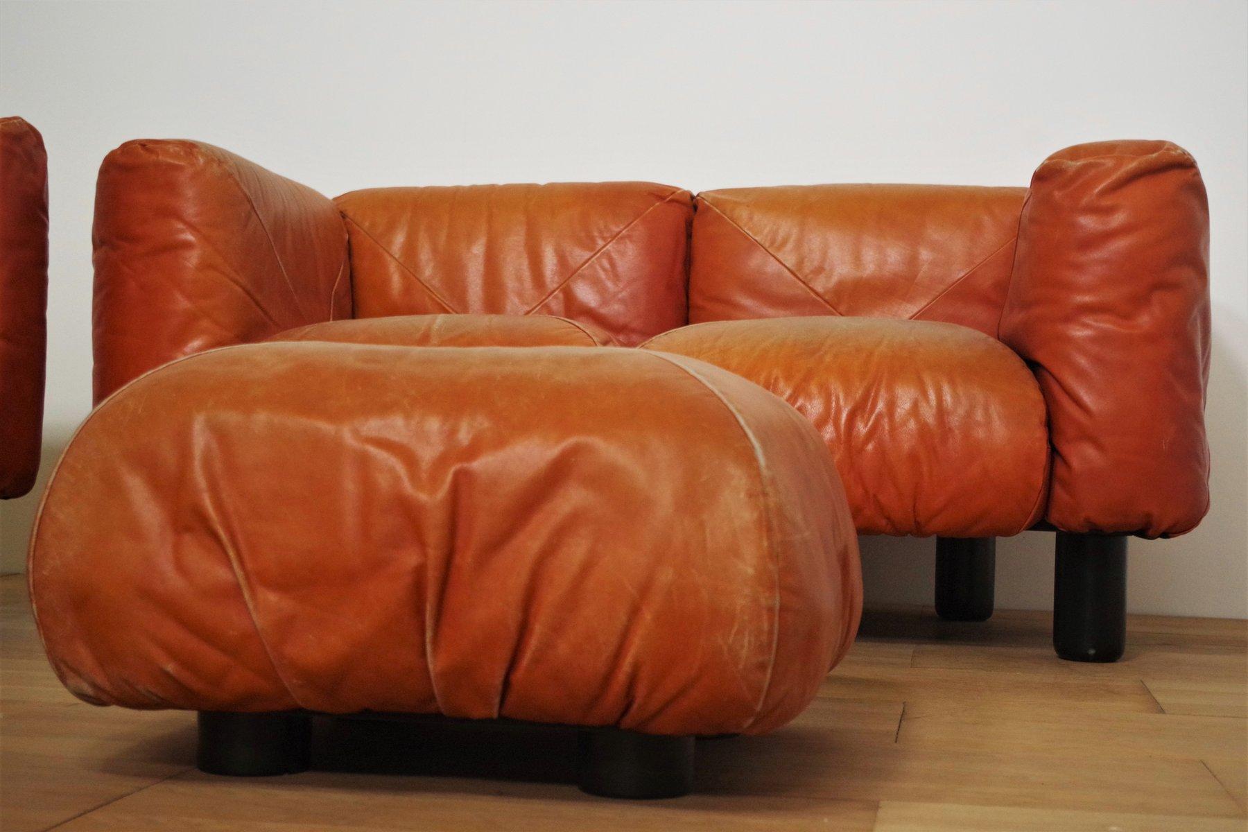 1970s Marius & Marius Leather Sofa and Pouf Set by Mario Marenco for Arflex en venta 5