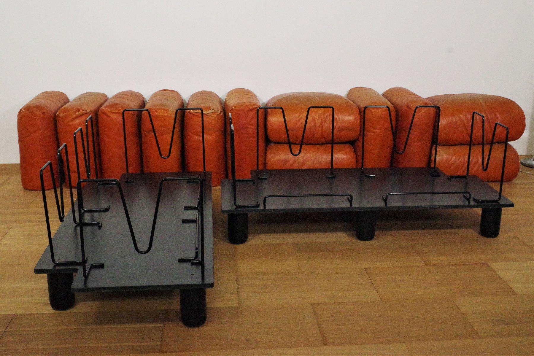 1970s Marius & Marius Leather Sofa and Pouf Set by Mario Marenco for Arflex Metal en venta