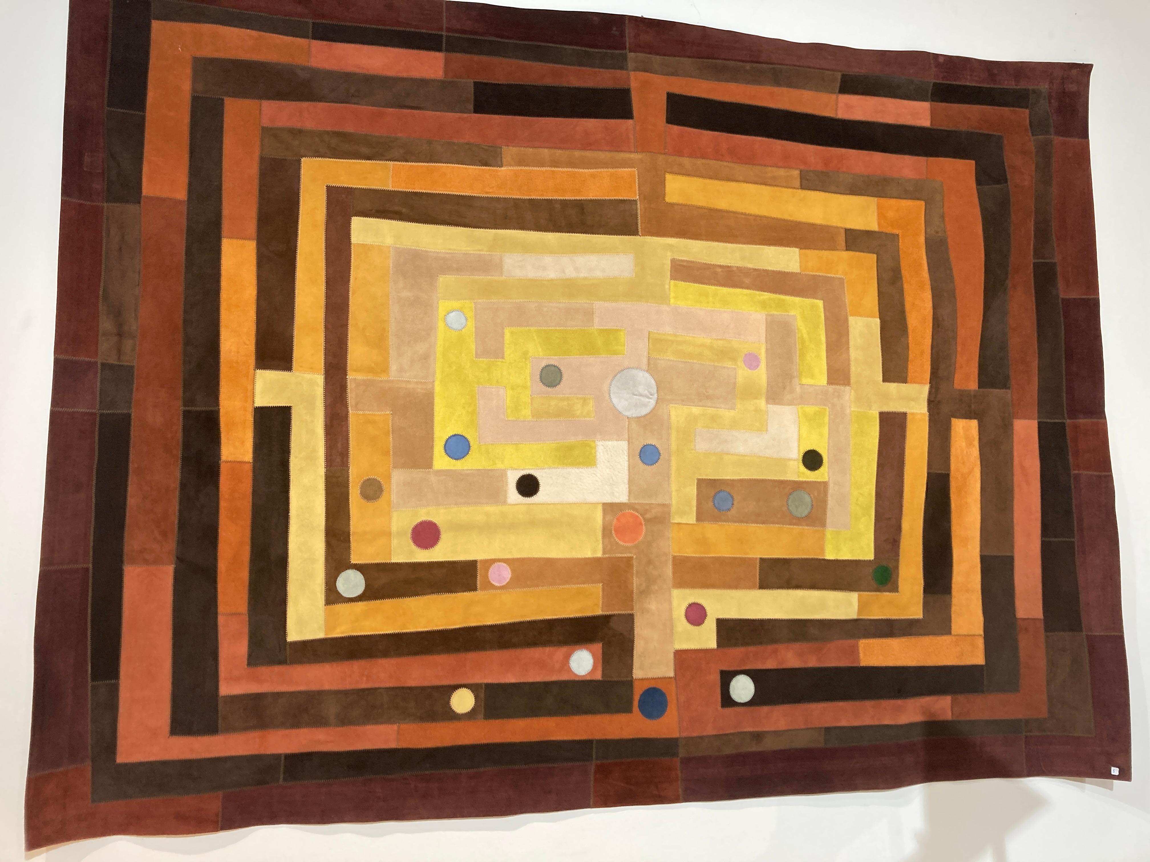 1970's rare marquetry of leather tapestry in the style of Vasarely or Yacoov Agam
Signed Fabrice
