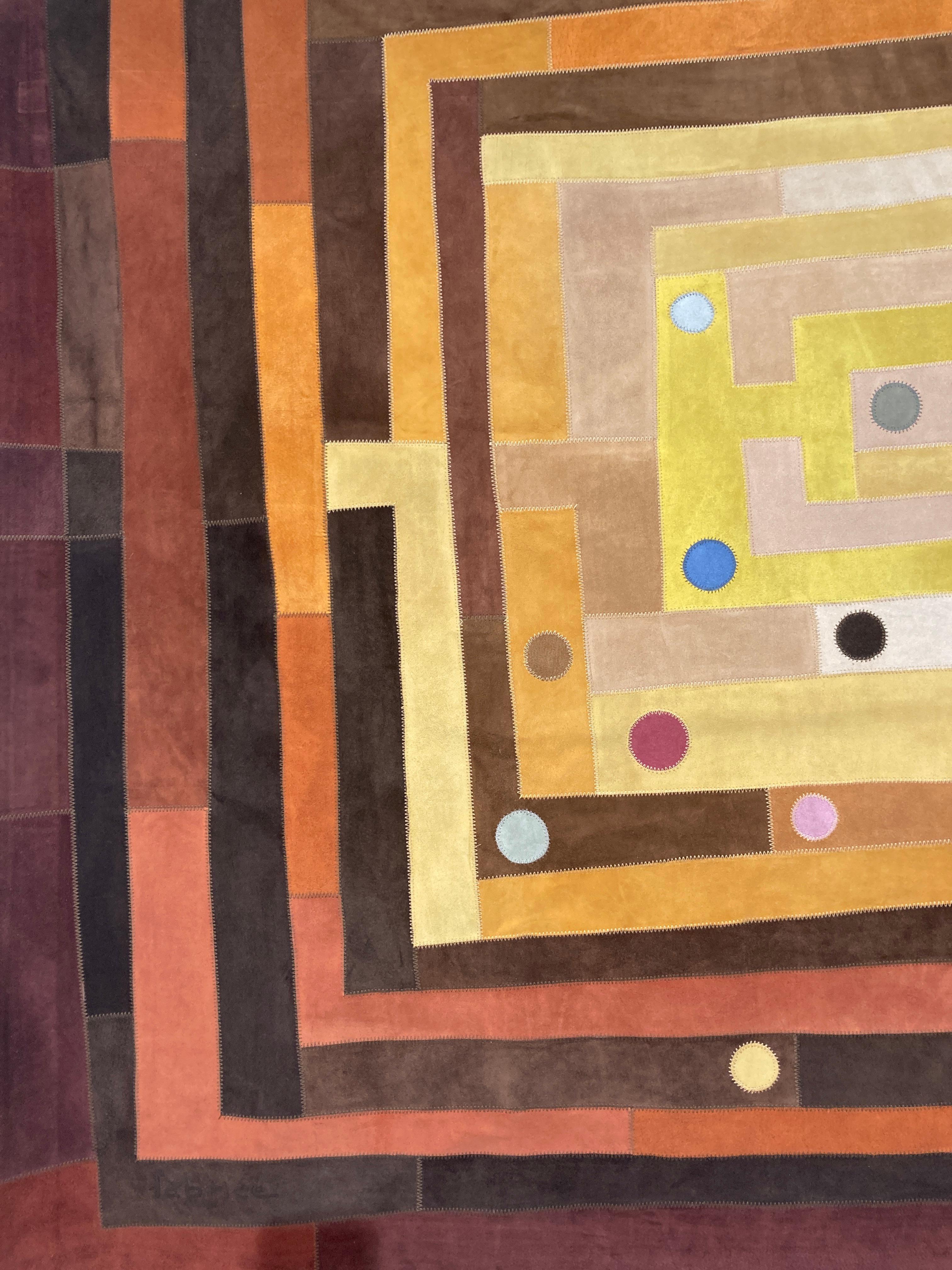 French 1970's marquetry of leather tapestry by Fabrice For Sale