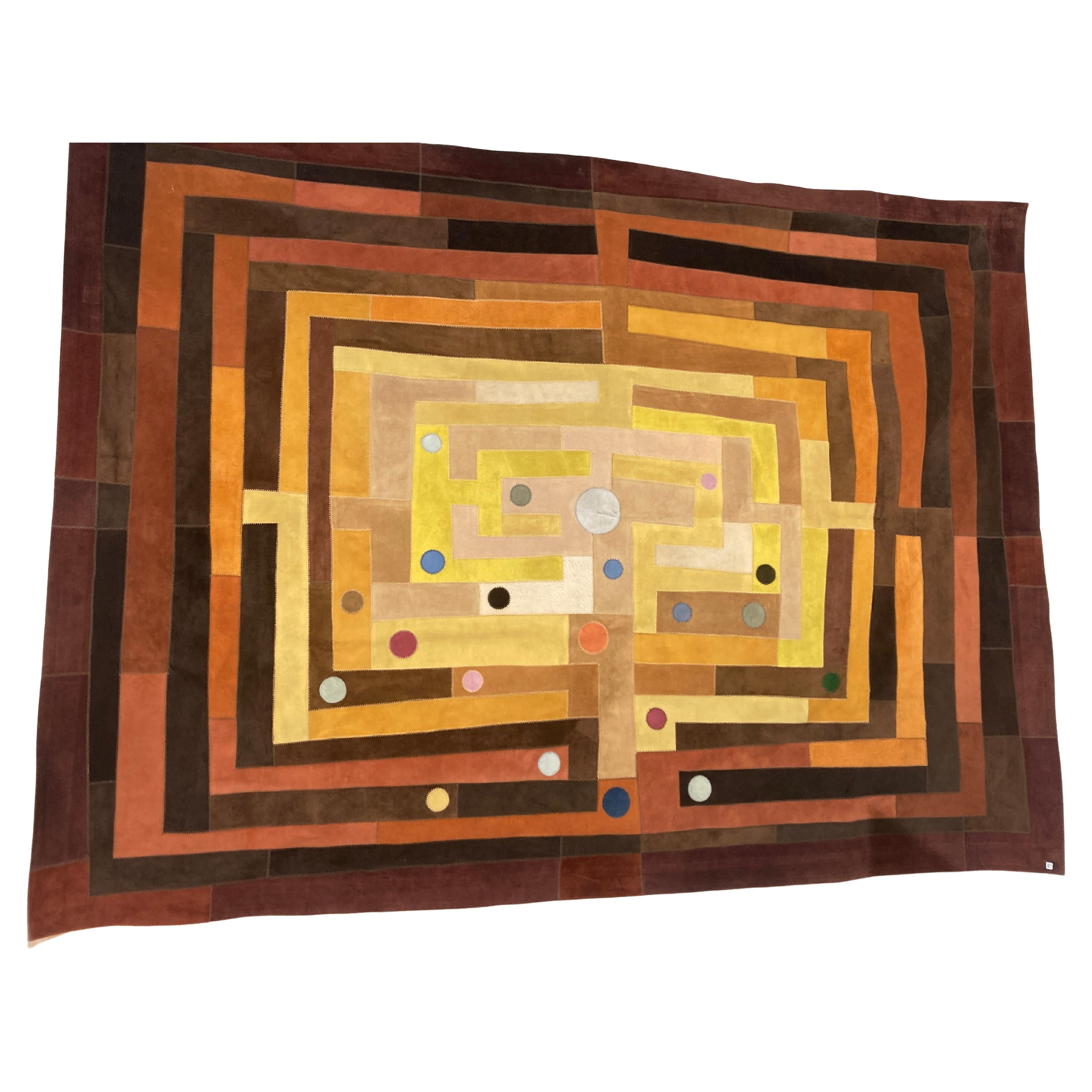 1970's marquetry of leather tapestry by Fabrice For Sale