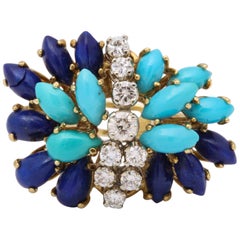 1970s Marquis Cut Persian Turquoise And Lapis Lazuli With Diamonds Gold Ring