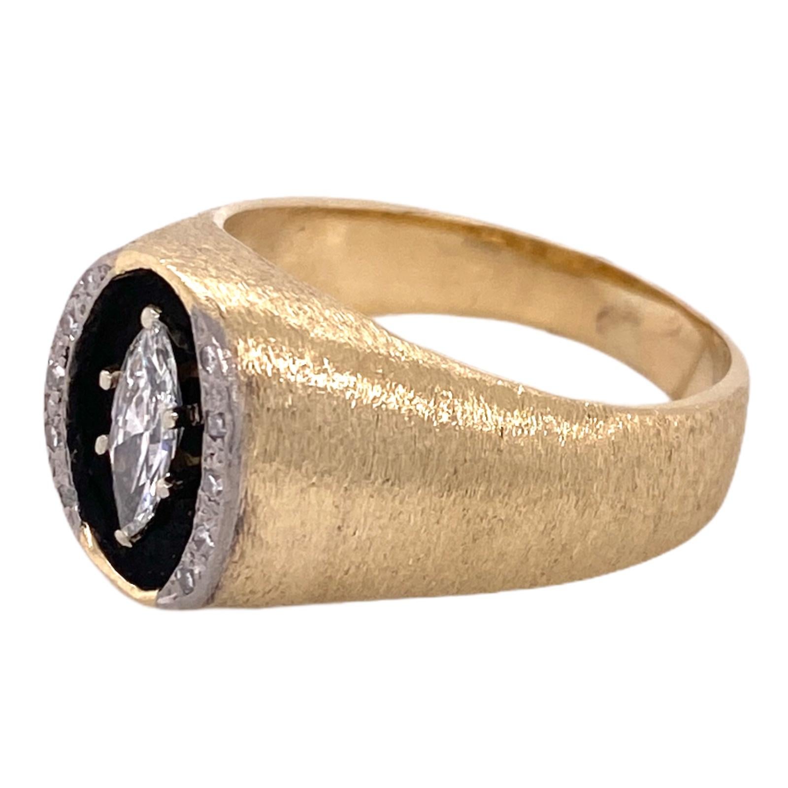 Contemporary 1970's Marquise Diamond Black Enamel 14 Karat Brushed Yellow Gold Gents Ring