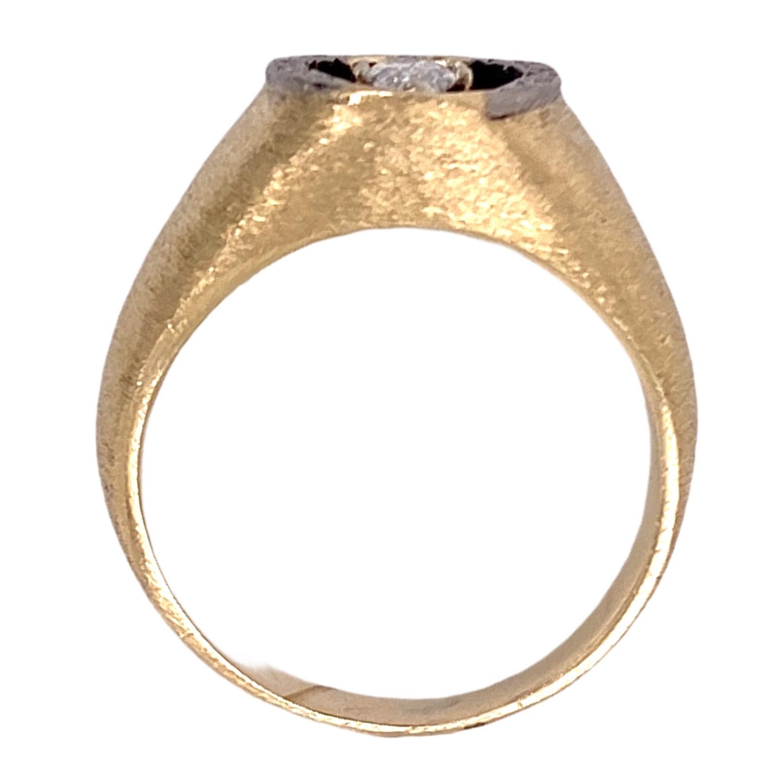 Marquise Cut 1970's Marquise Diamond Black Enamel 14 Karat Brushed Yellow Gold Gents Ring