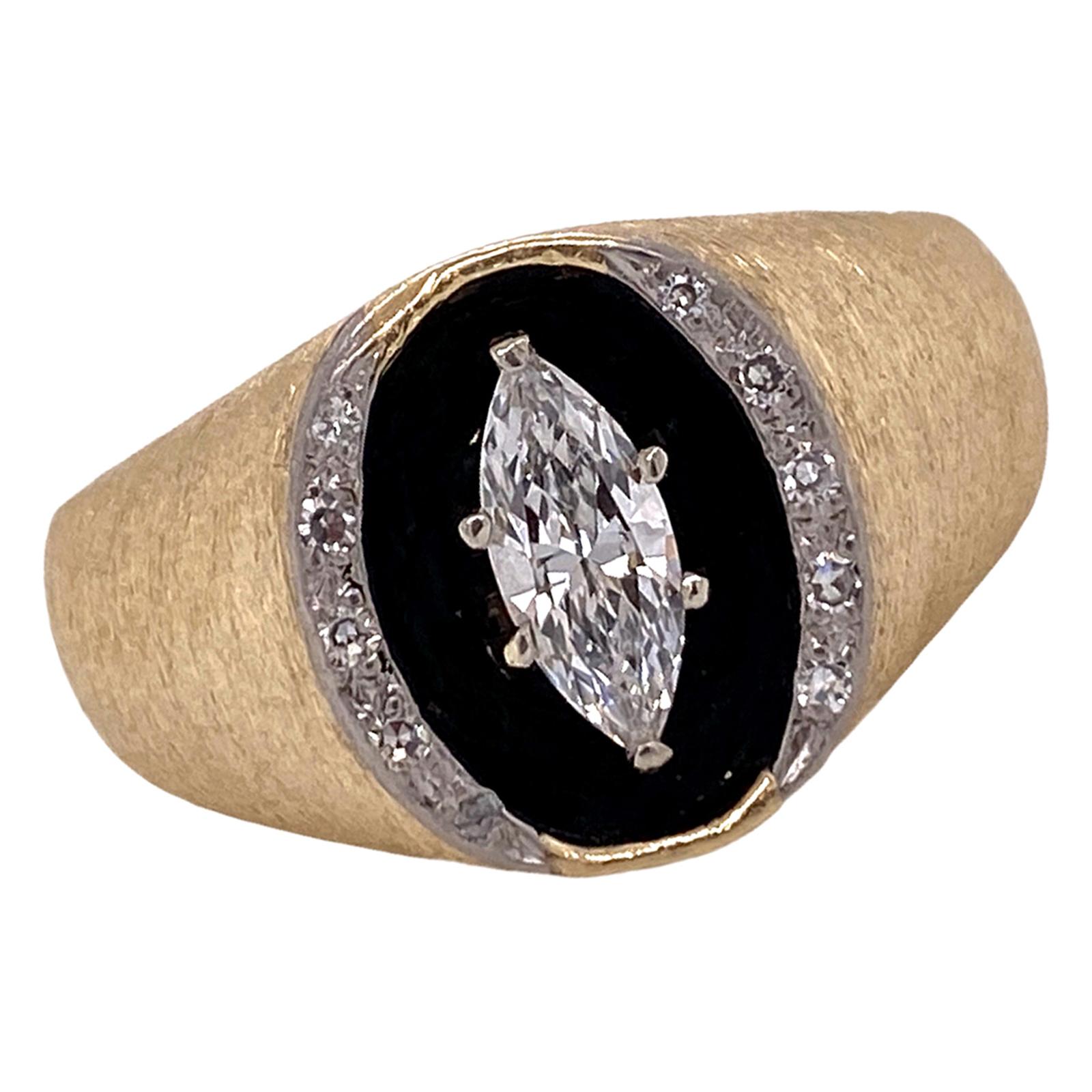 1970's Marquise Diamond Black Enamel 14 Karat Brushed Yellow Gold Gents Ring