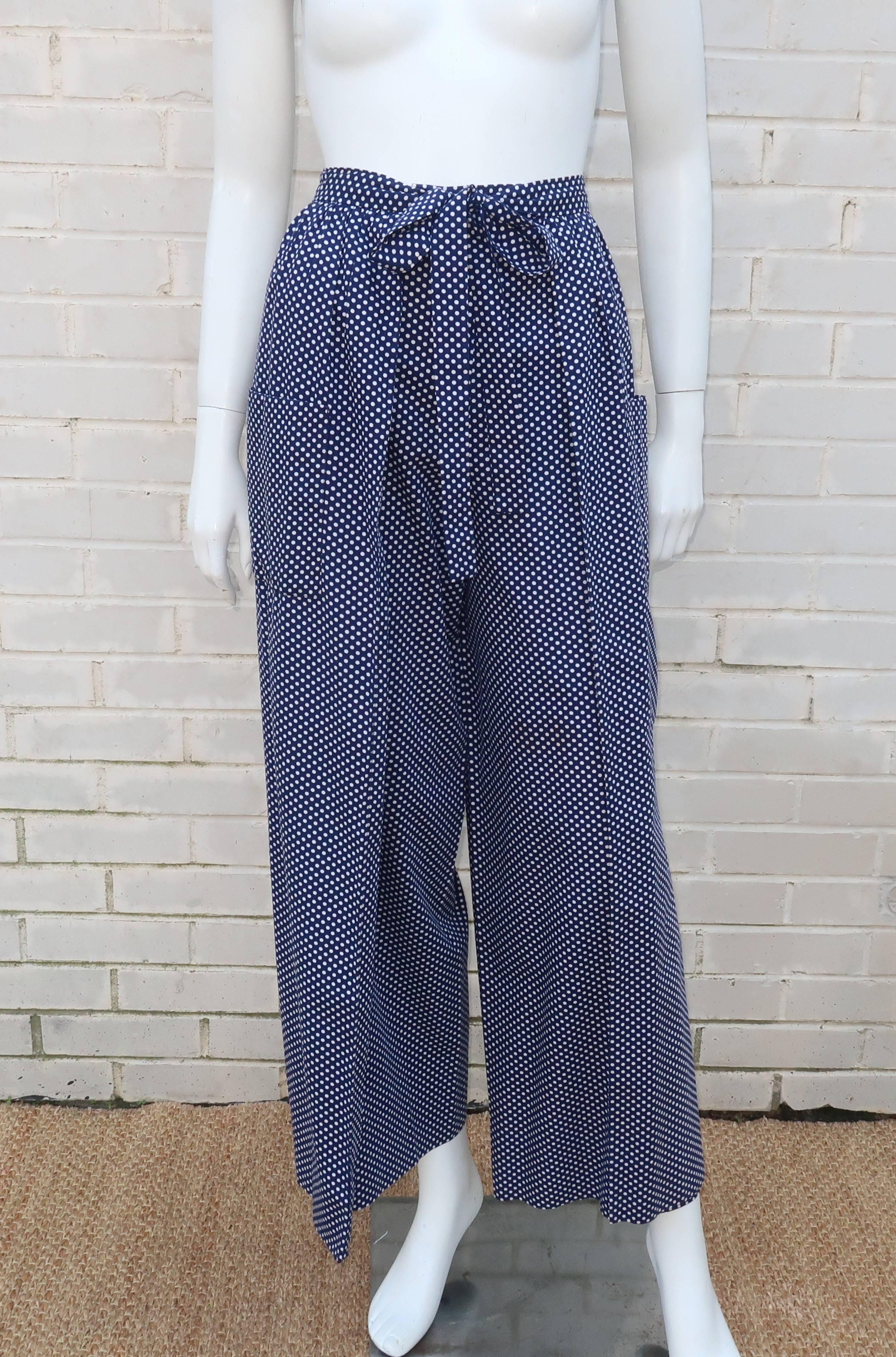 Mary Ann Restivo started her fashion career in the 1960's catering to stylish professional women.  These adorable blue and white polka dot cotton palazzo pants are a bit of a casual departure from her typical designs though they are in keeping with