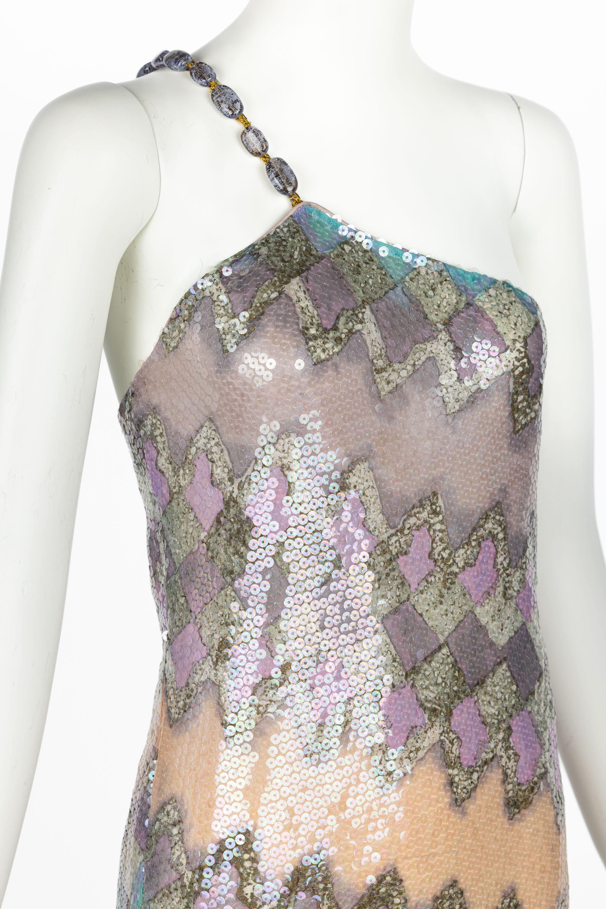 1970s Mary McFadden Beaded One Shoulder Pastel Sequin Dress In Excellent Condition In Boca Raton, FL