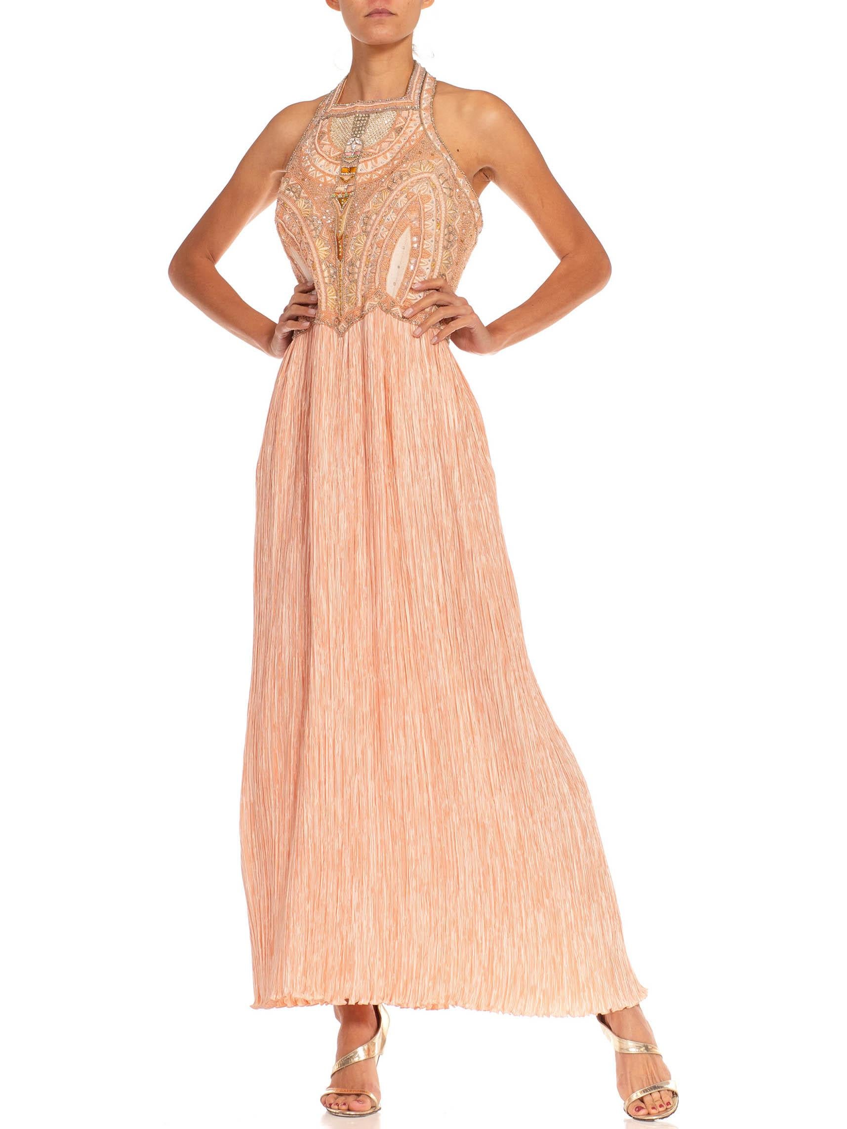 1970S Mary Mcfadden Blush Pink & Silver Silk Beaded Bodice Pleated Skirt Gown In Excellent Condition For Sale In New York, NY