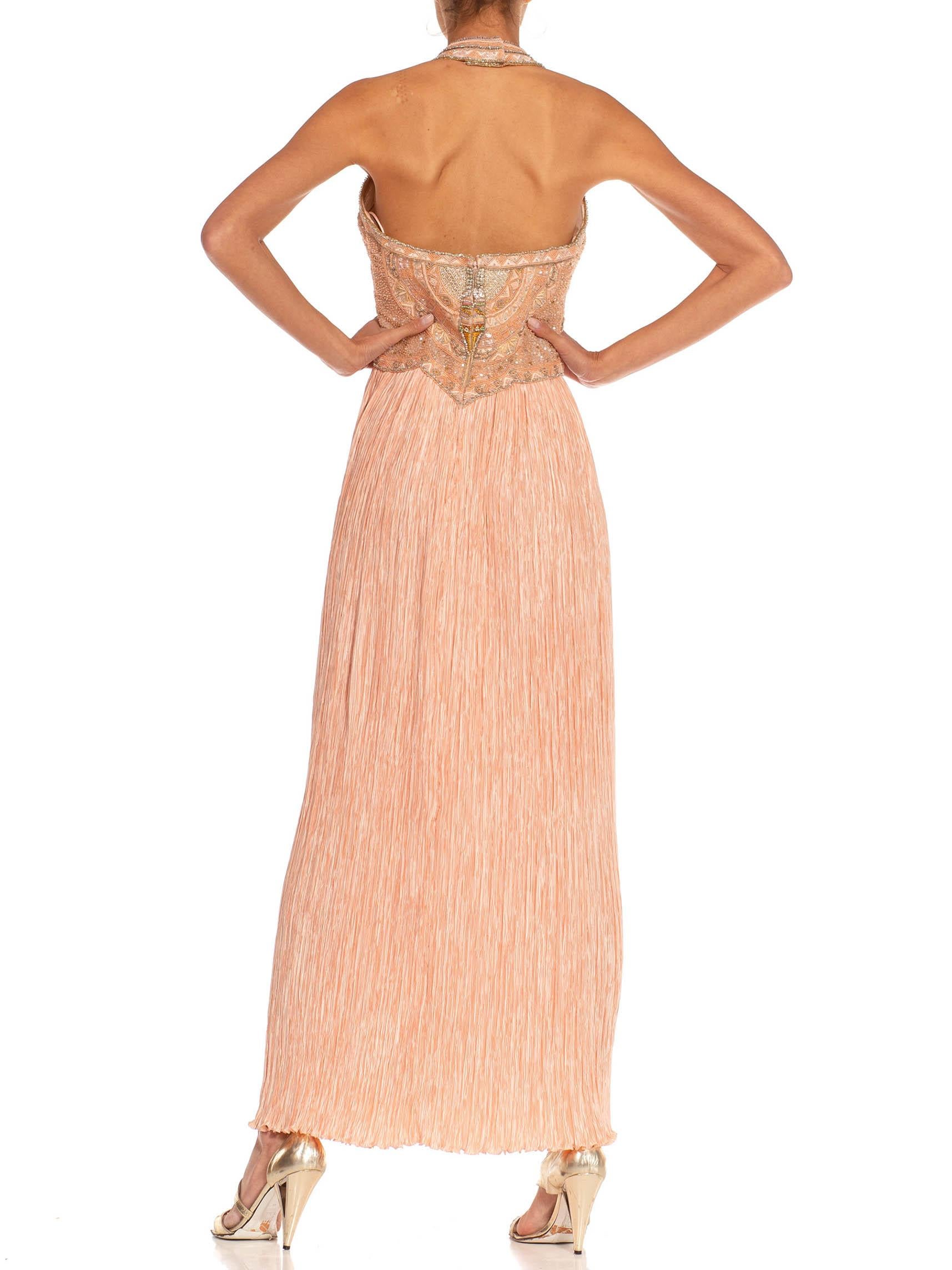 Women's 1970S Mary Mcfadden Blush Pink & Silver Silk Beaded Bodice Pleated Skirt Gown For Sale